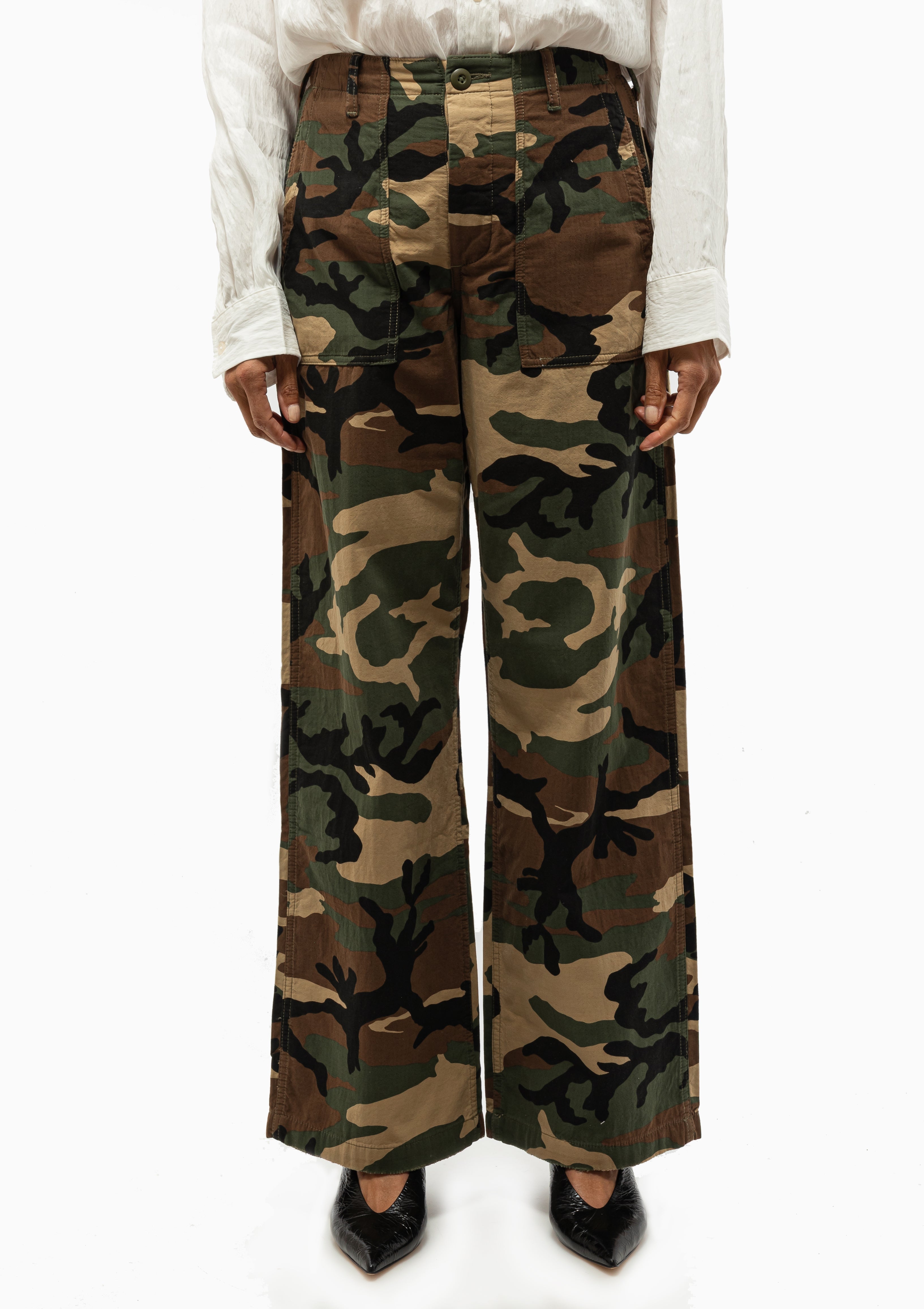 Green and brown Wide Leg Utility Pant in Camo by R13 shown with the Natalie Martin Twisted Neck Shirt. Available at Diani Boutique.