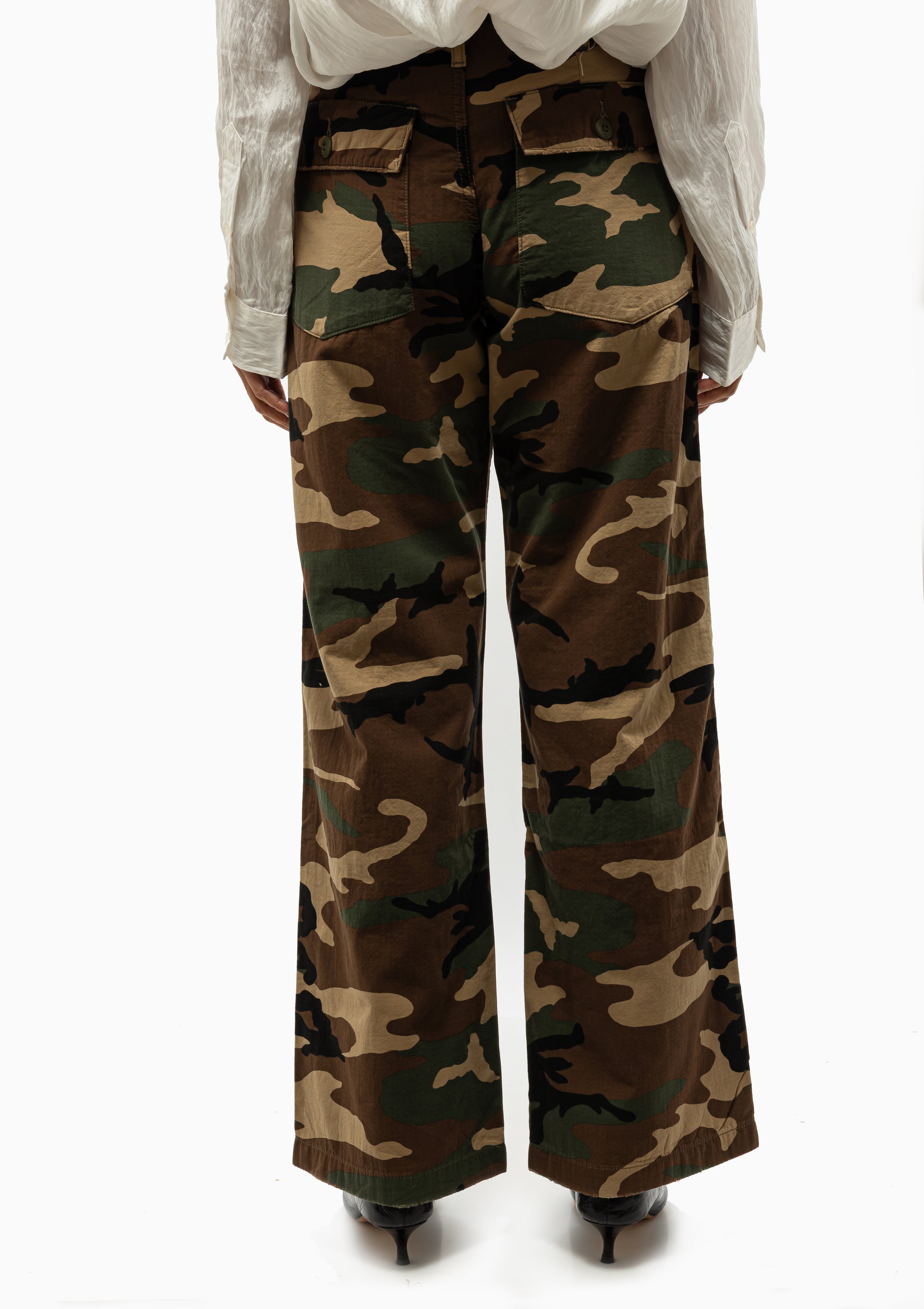 Green and brown Wide Leg Utility Pant in Camo by R13 shown with the Natalie Martin Twisted Neck Shirt and the LeMonde Beryl Babouche Kitten heel. Available at Diani Boutique.