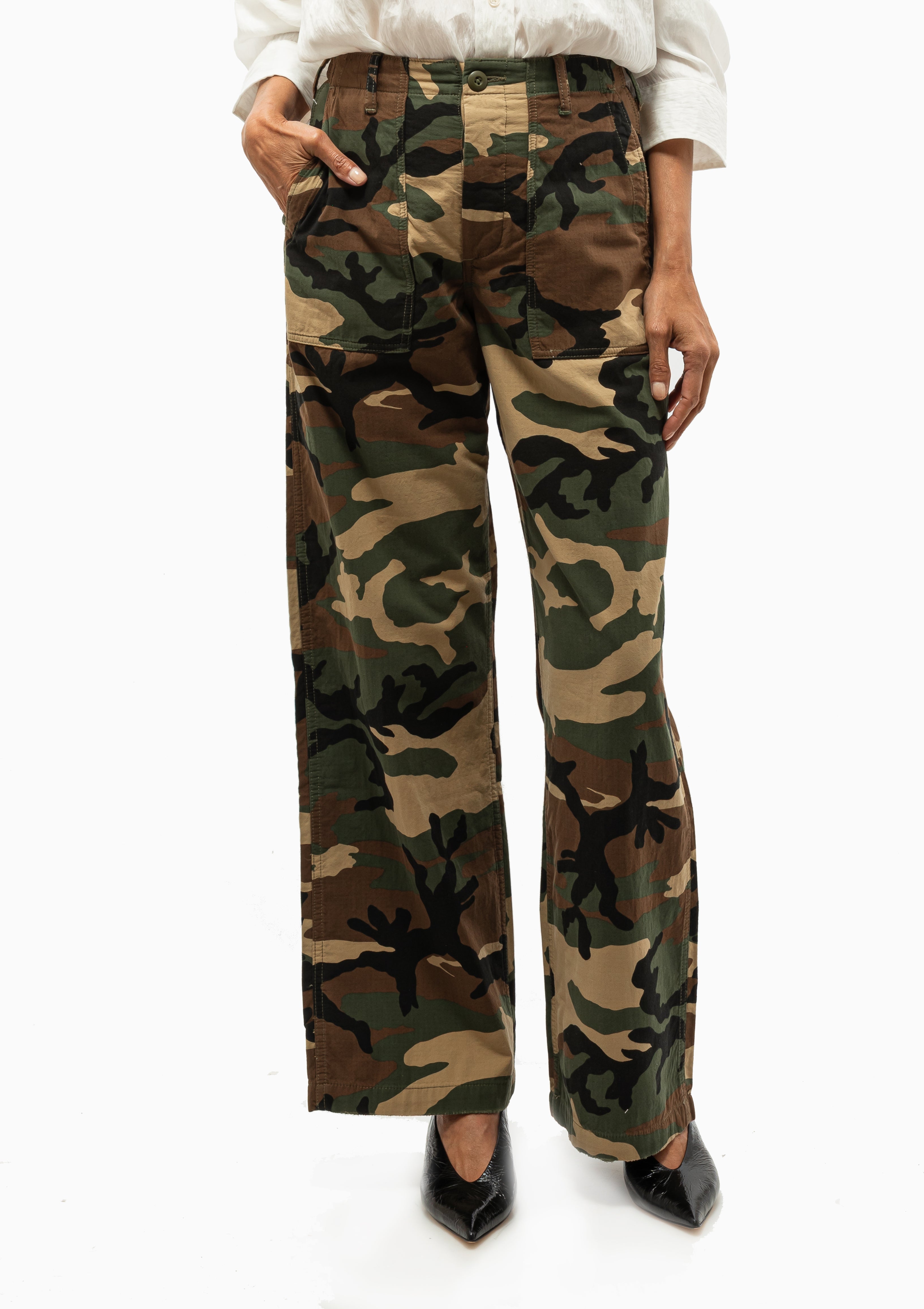 Wide Leg Utility Pant in Camo by R13 with high-waisted cargo fit. Available at Diani Boutique.