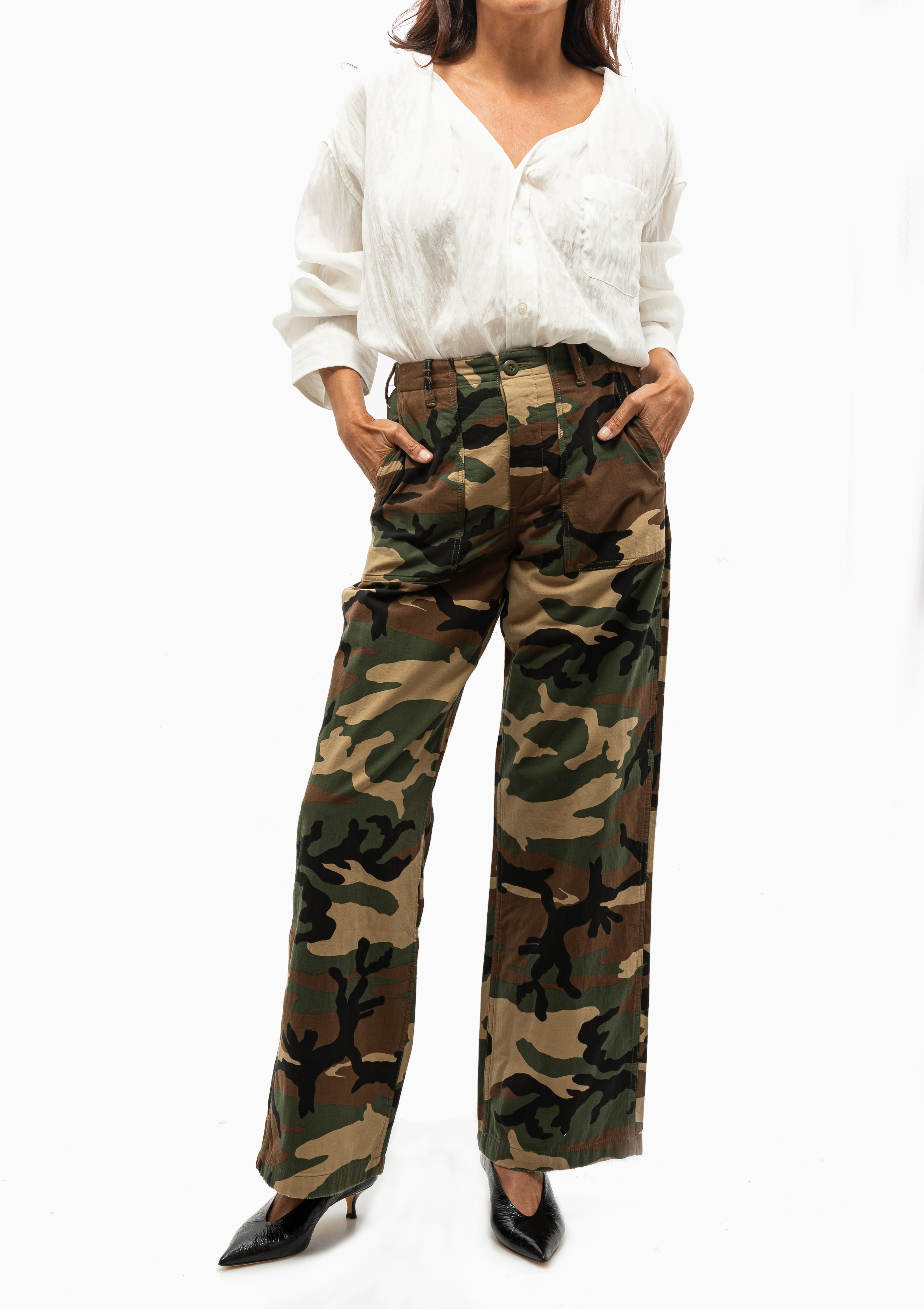 Classic Wide Leg Utility Pant in Camo by R13 paired with the R13 Twisted Neck Shirt in white. Available at Diani Boutique.