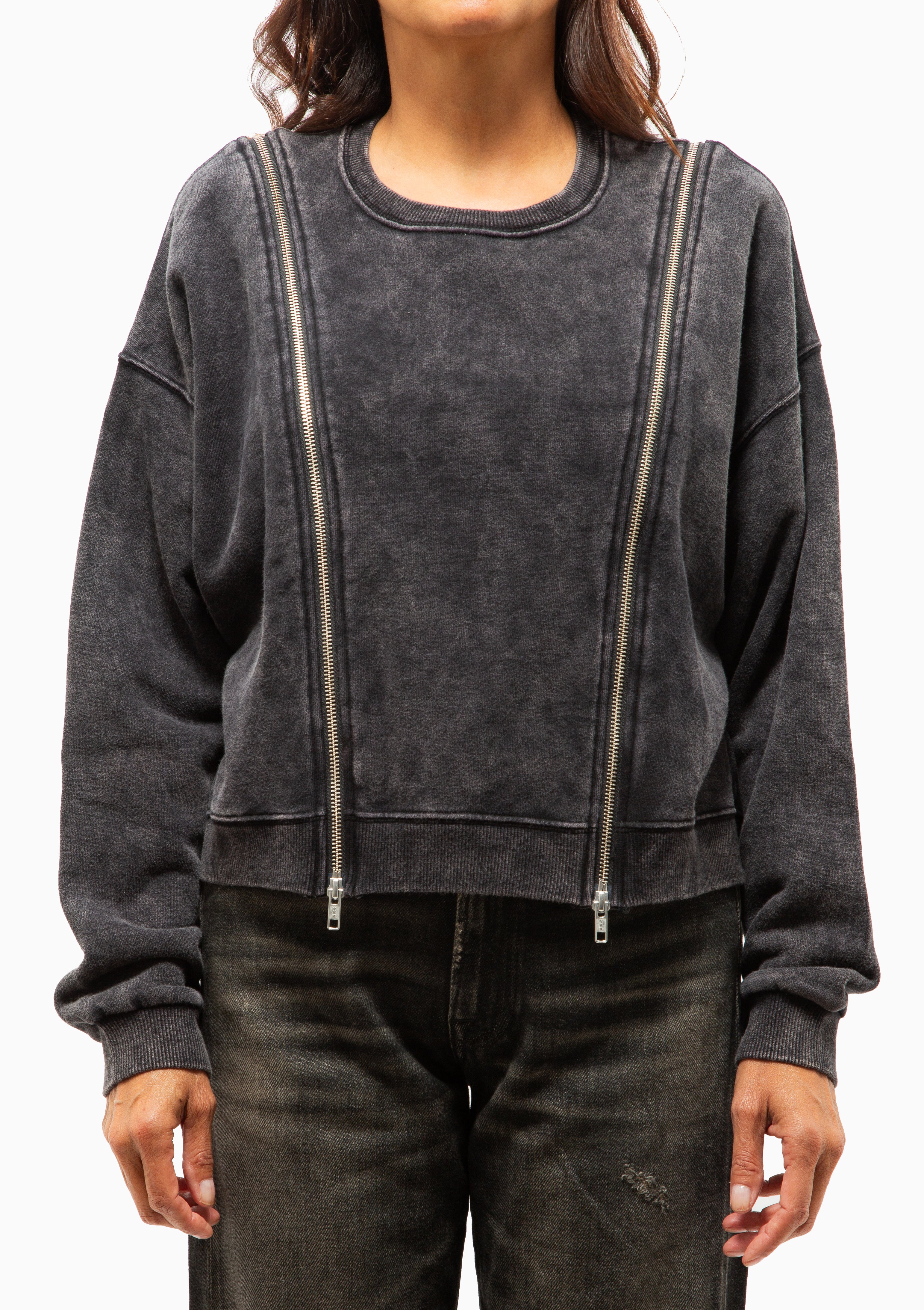 Zippered Crewneck | Washed Black