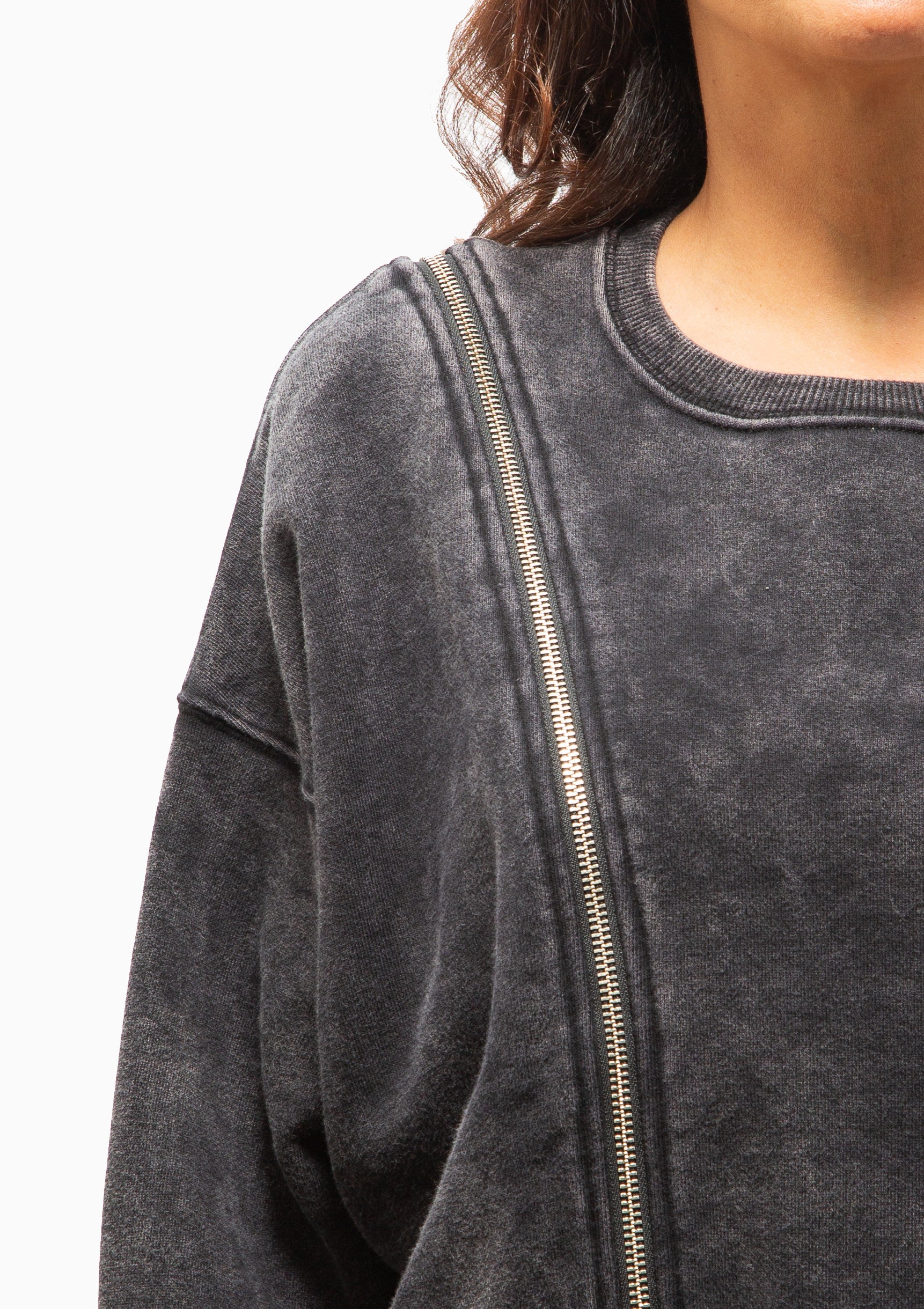 Zippered Crewneck | Washed Black