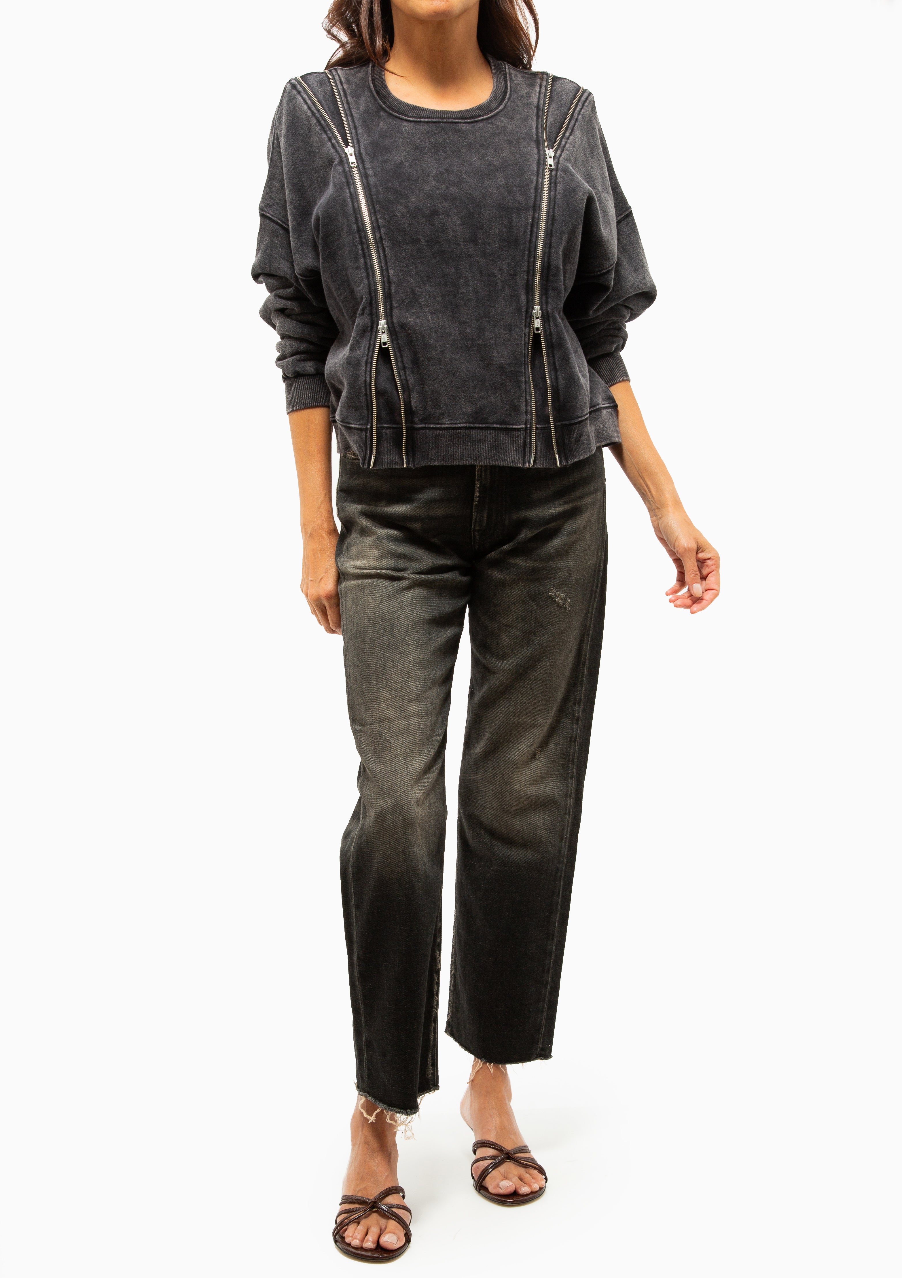 Zippered Crewneck | Washed Black