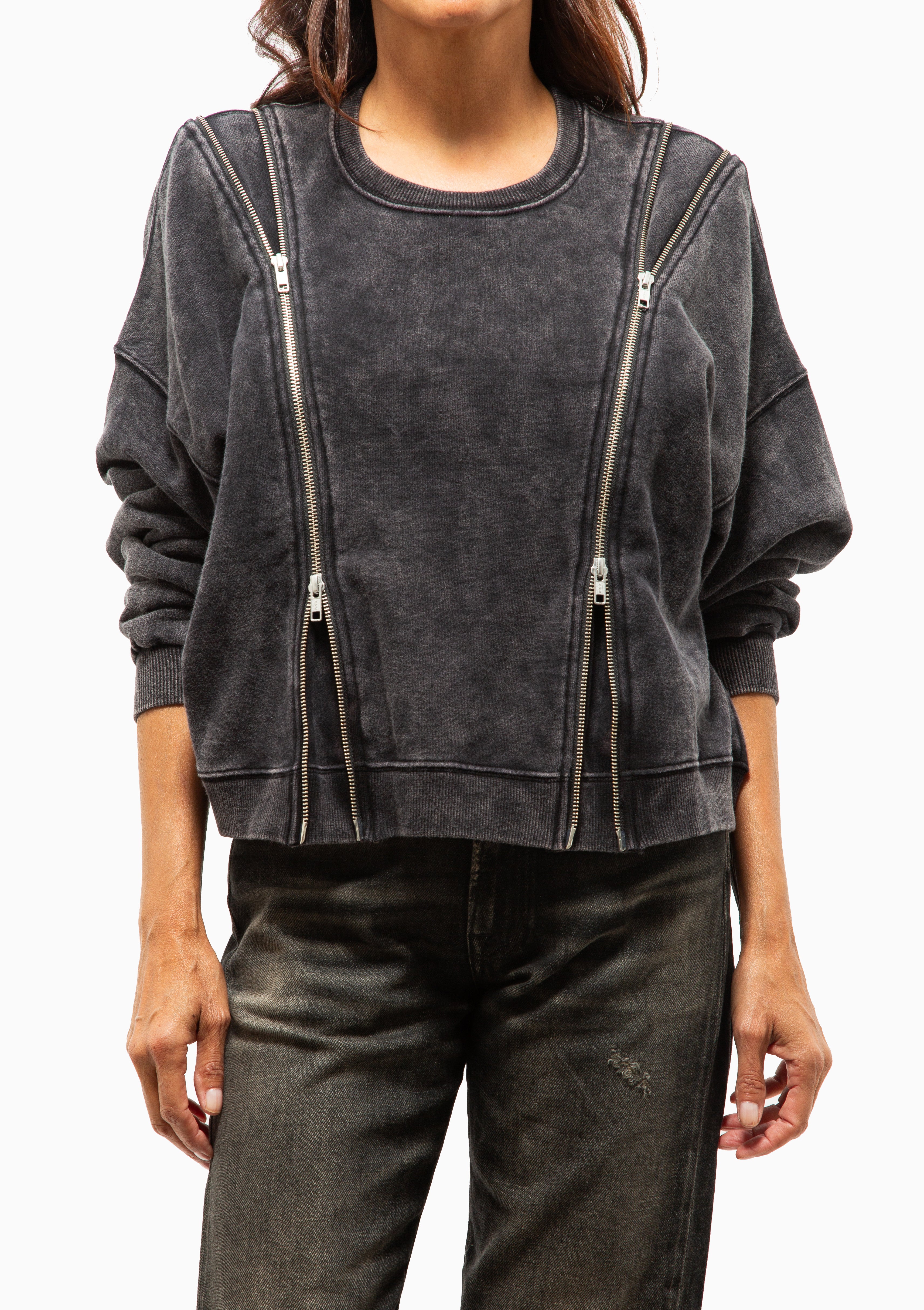 Zippered Crewneck | Washed Black