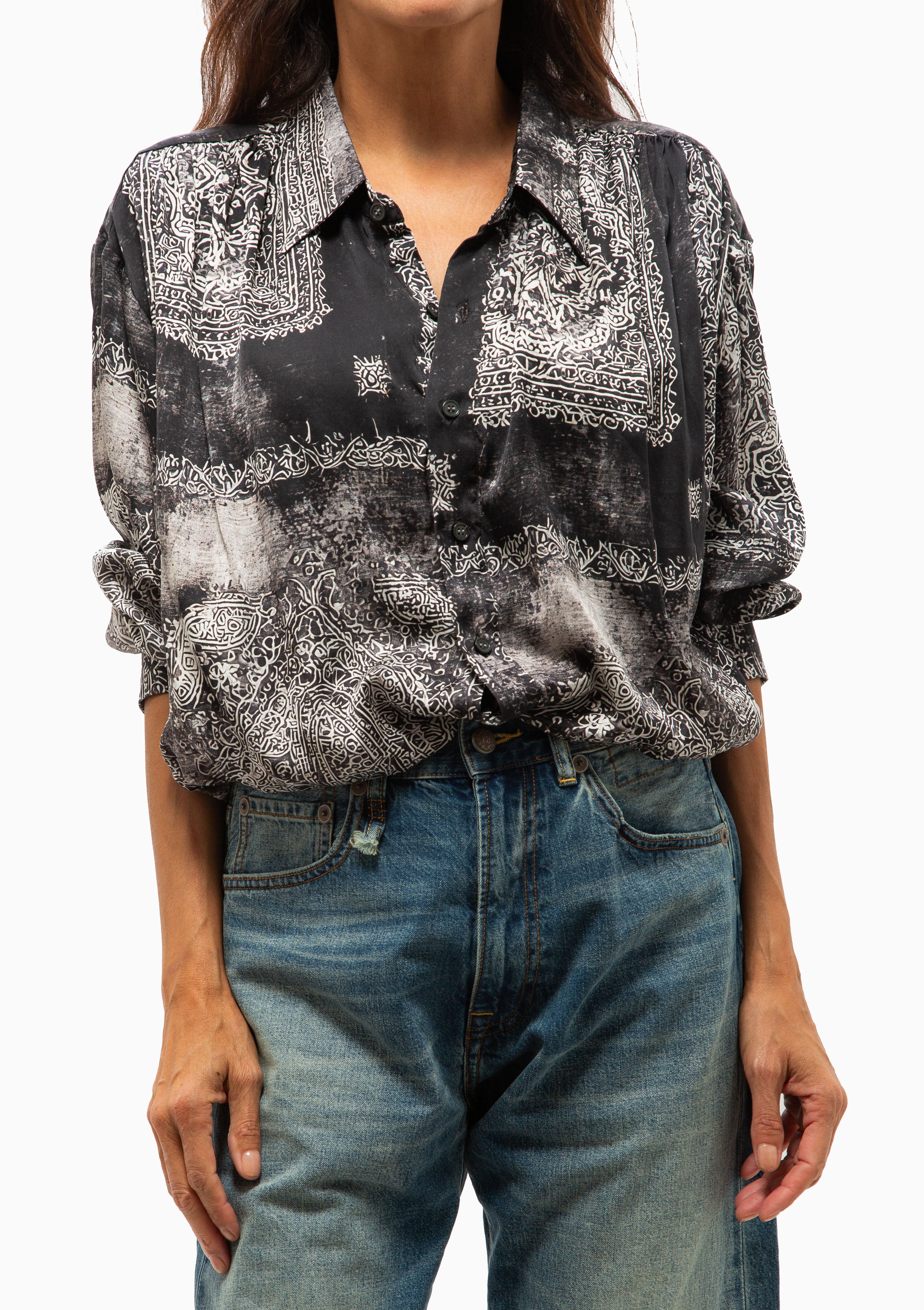 Bubble Shirt With Gathered Yoke | Black Multi Medallion