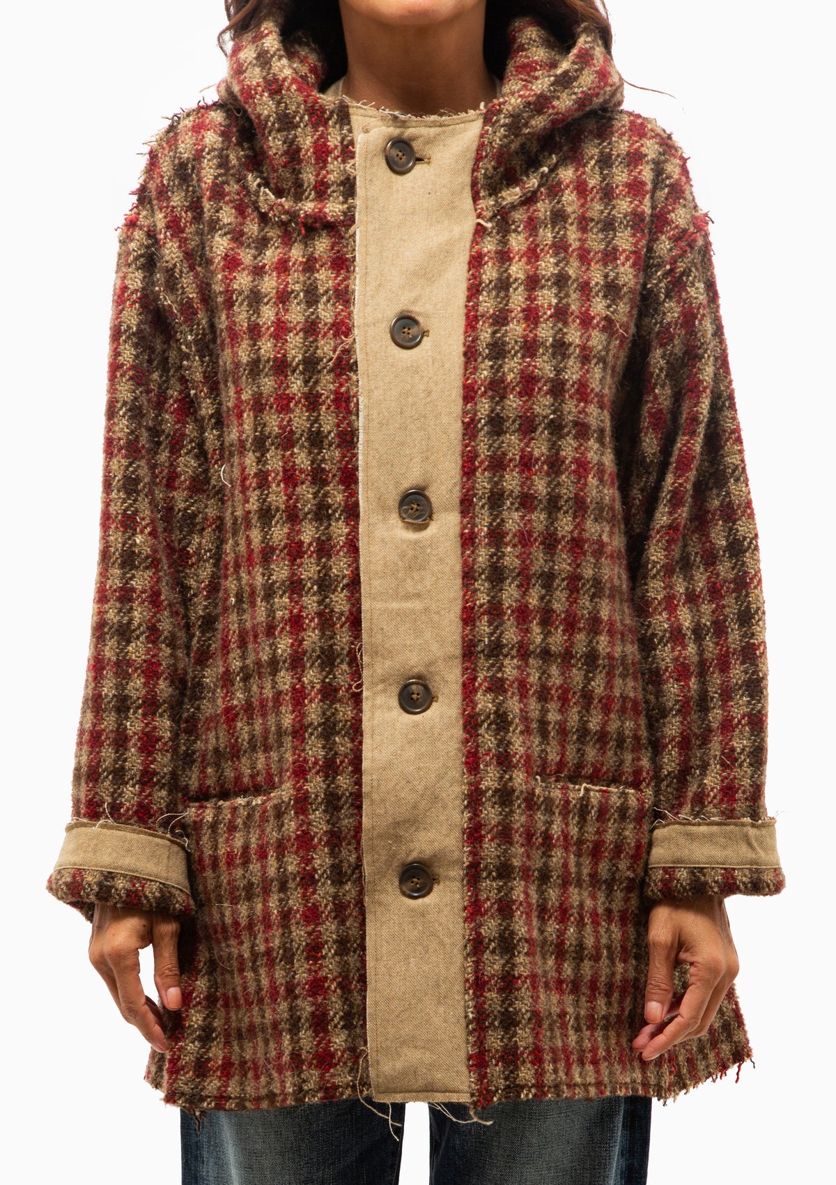 Oversized Hooded Jacket | Khaki Red Check