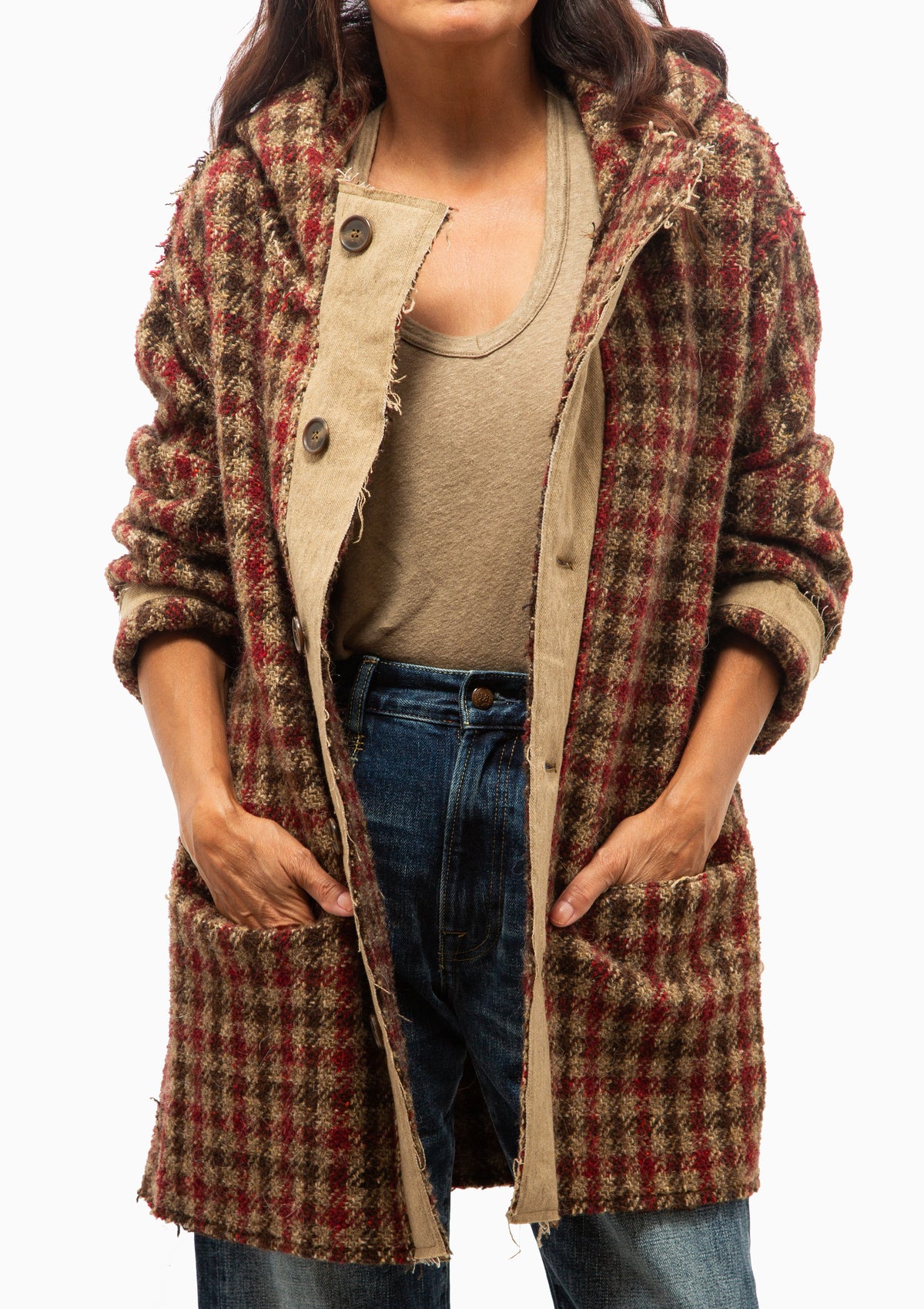 Oversized Hooded Jacket | Khaki Red Check