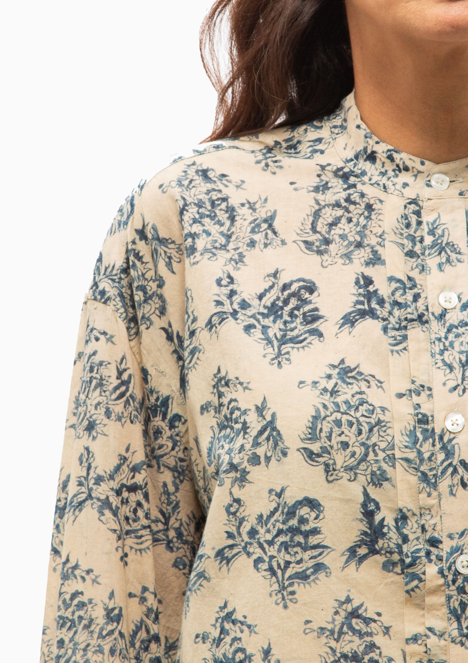 Pleated Front Shirt | Blue With White Floral