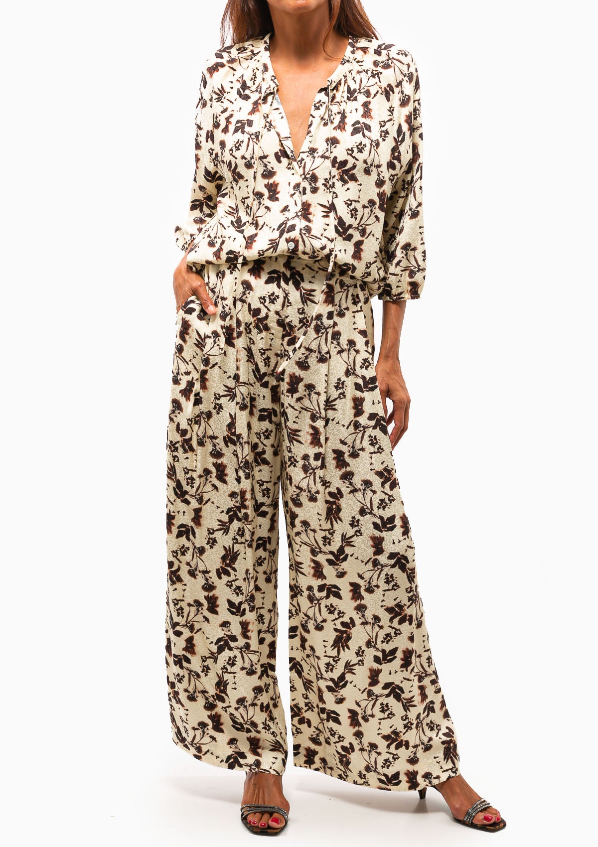 Silk Jacquard Trapeze Pant | Cream Flower
