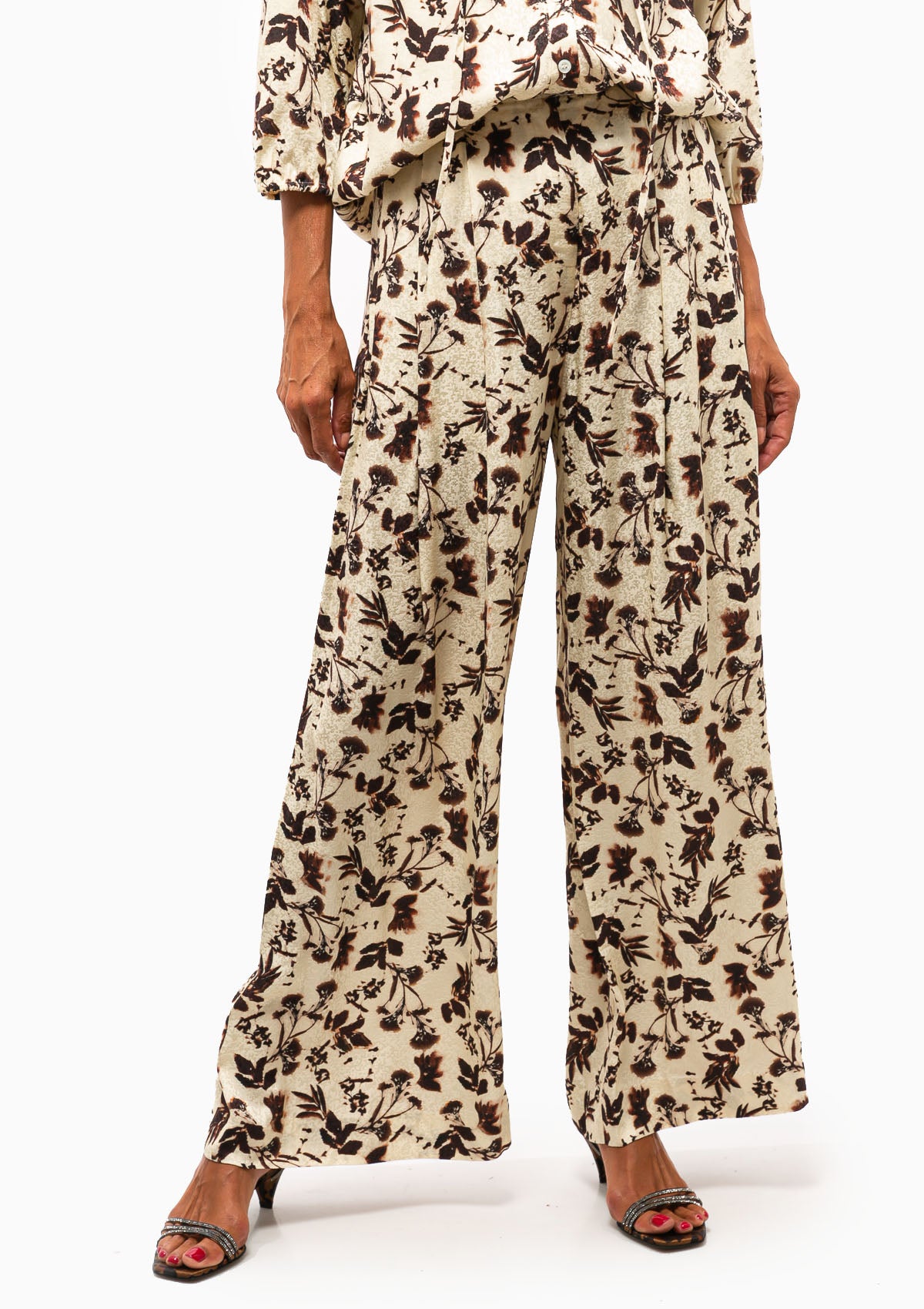 Silk Jacquard Trapeze Pant | Cream Flower