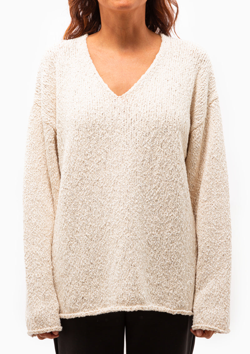Boucle Knitted V-Neck Sweater | Cream