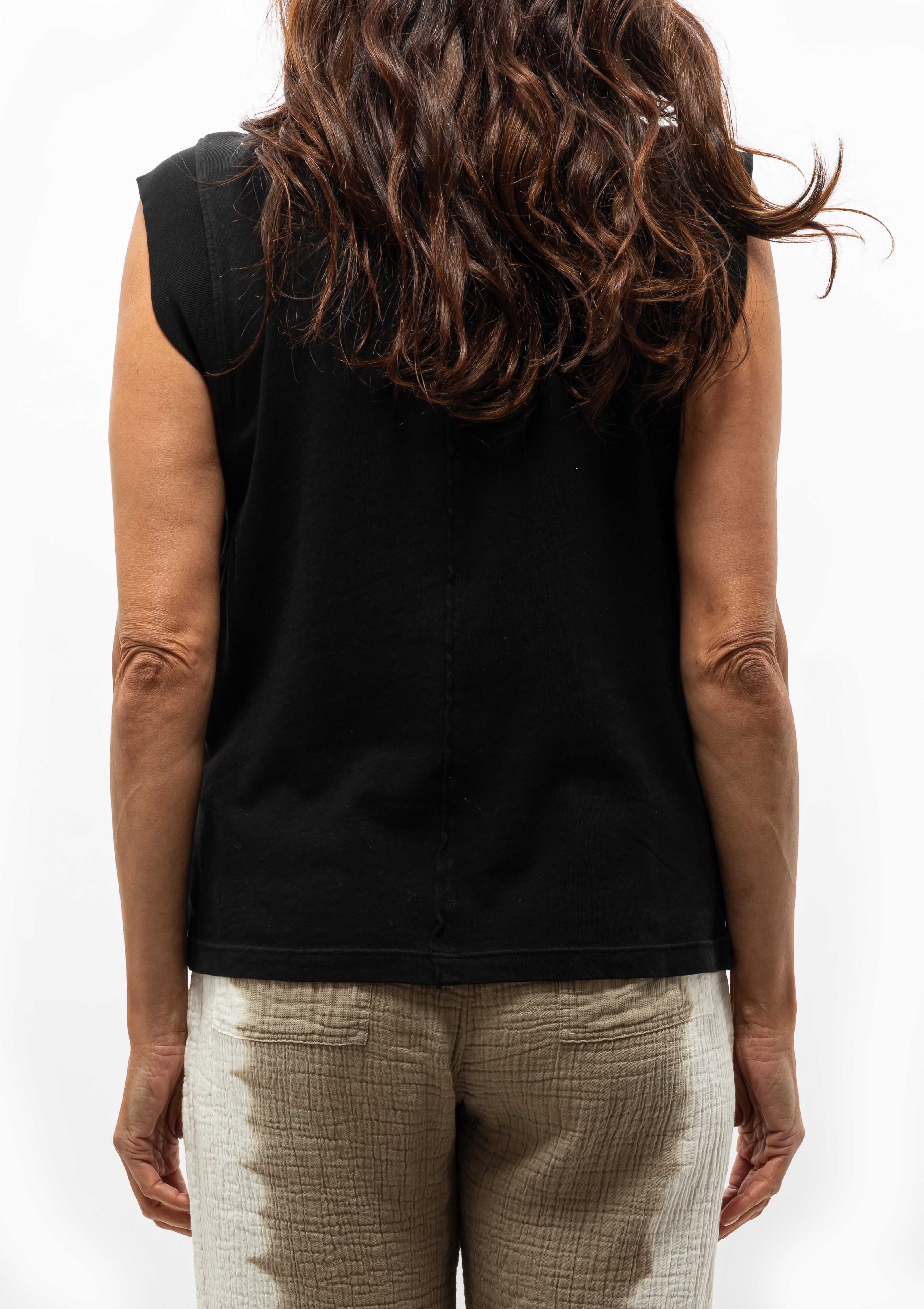 The sleeveless silhouette of the Raquel Allegra Classic Jersey Hauser Muscle tee - Available at Diani Boutique.