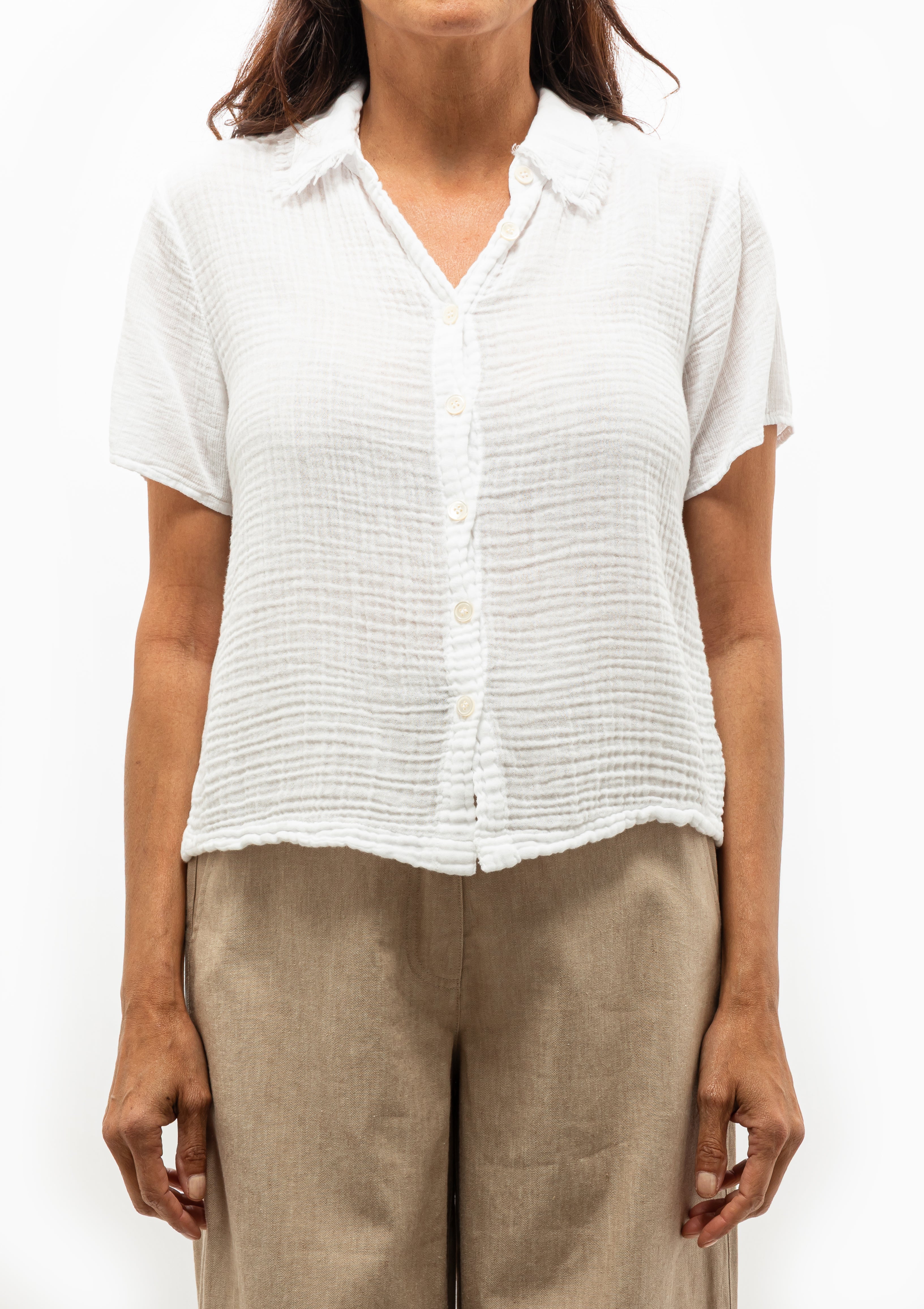 Raquel Allegra Gauze Medley Calista Blouse in Optic White. Made with dual gauze for lightweight comfort. Available at Diani Boutique.