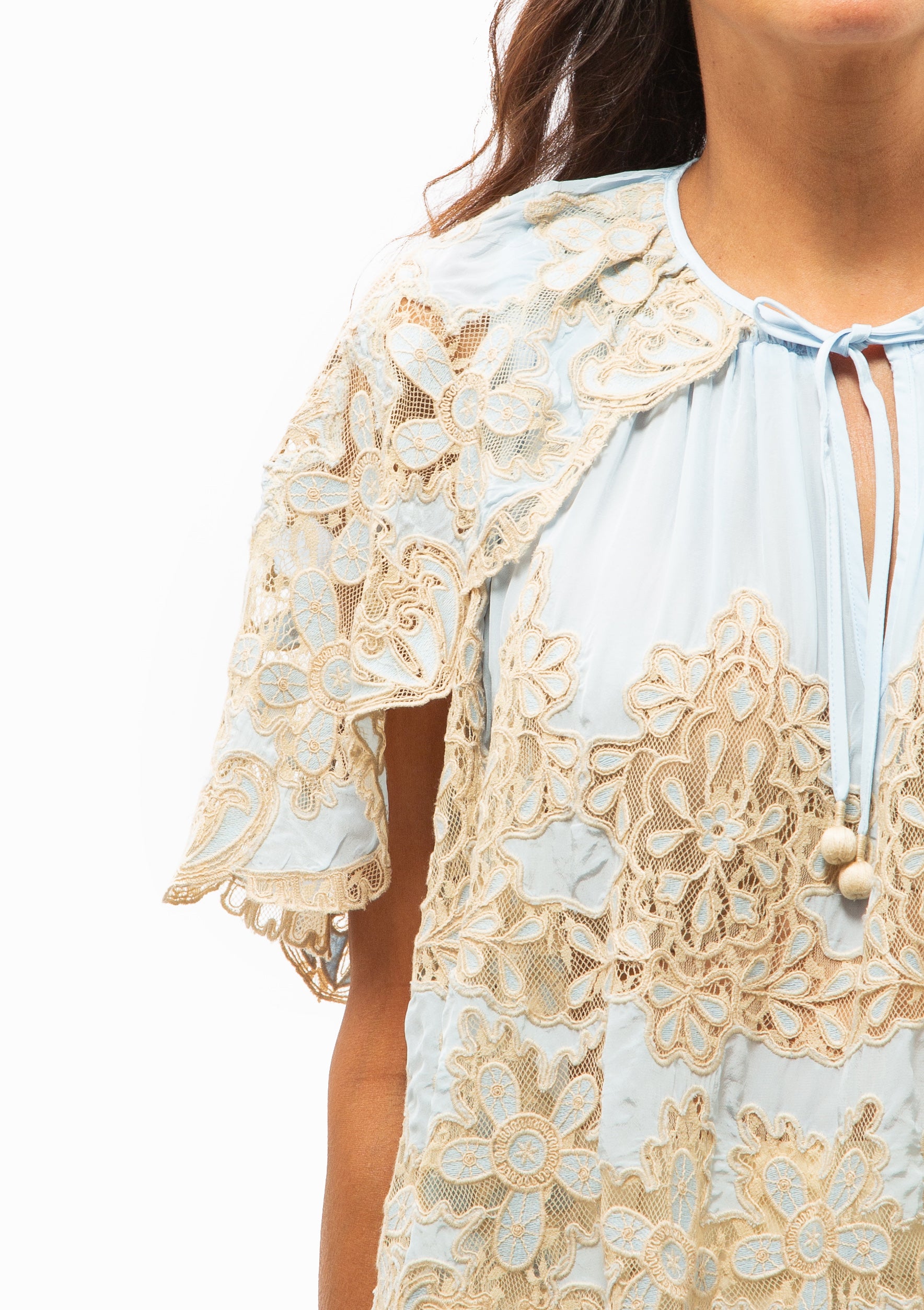 Gracelyn Lace Embroidered Cape Top | Blue