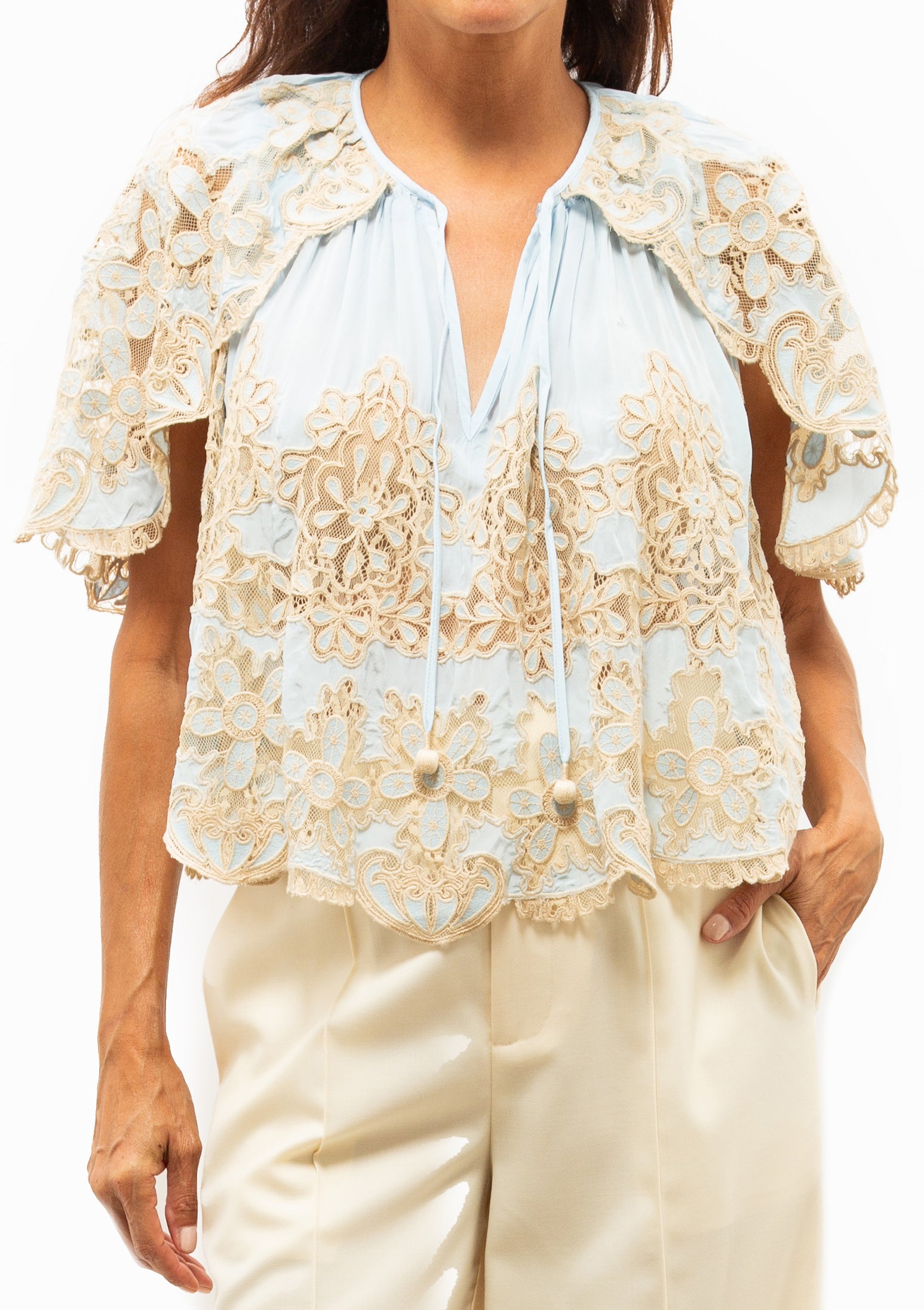 Gracelyn Lace Embroidered Cape Top | Blue