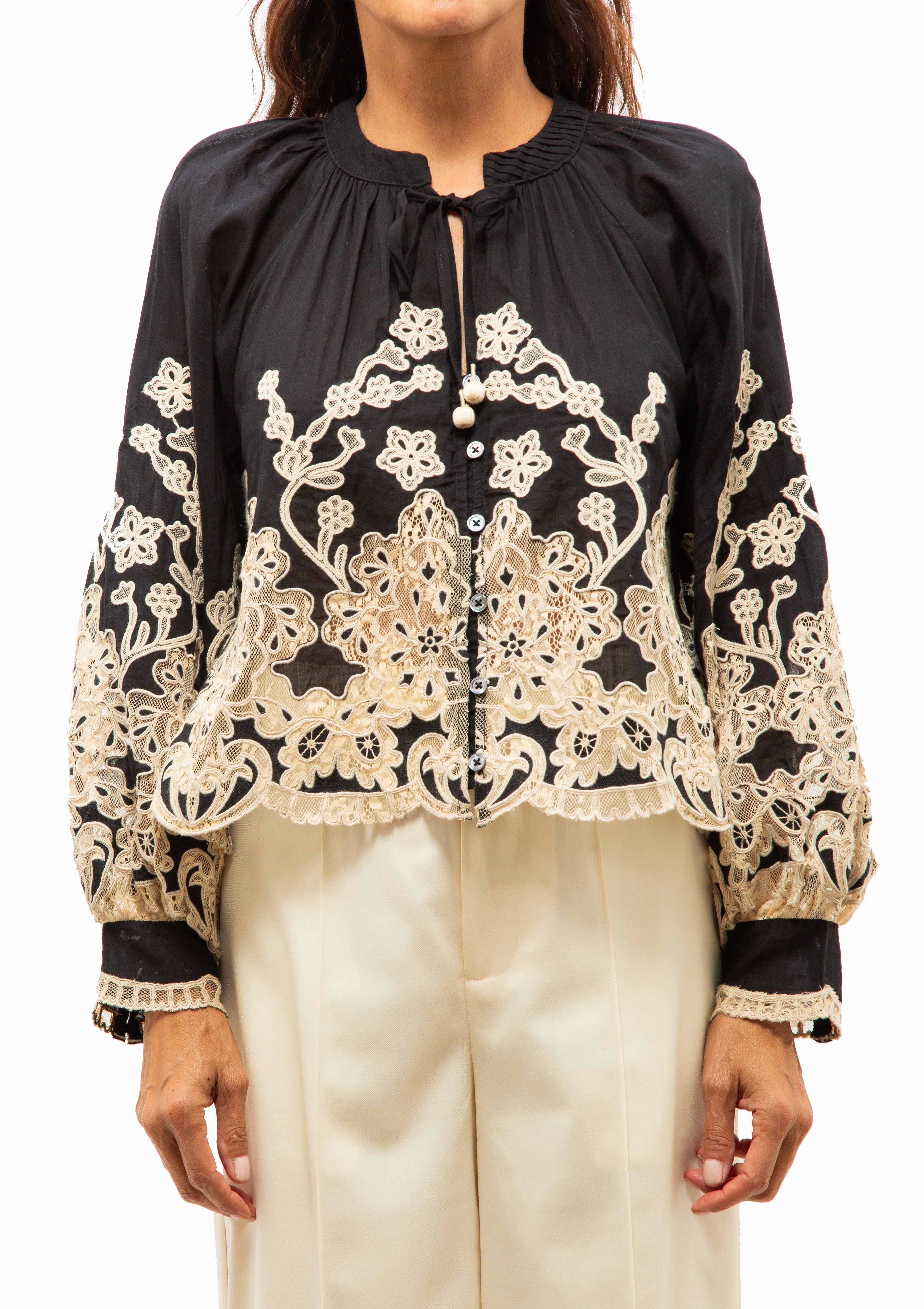 Gracelyn Lace Embroidered Long Sleeve Top | Black