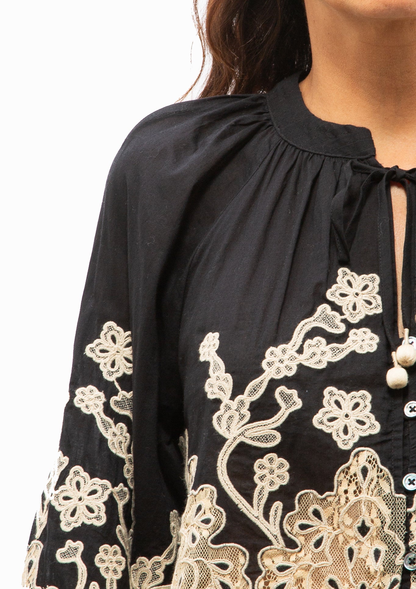 Gracelyn Lace Embroidered Long Sleeve Top | Black