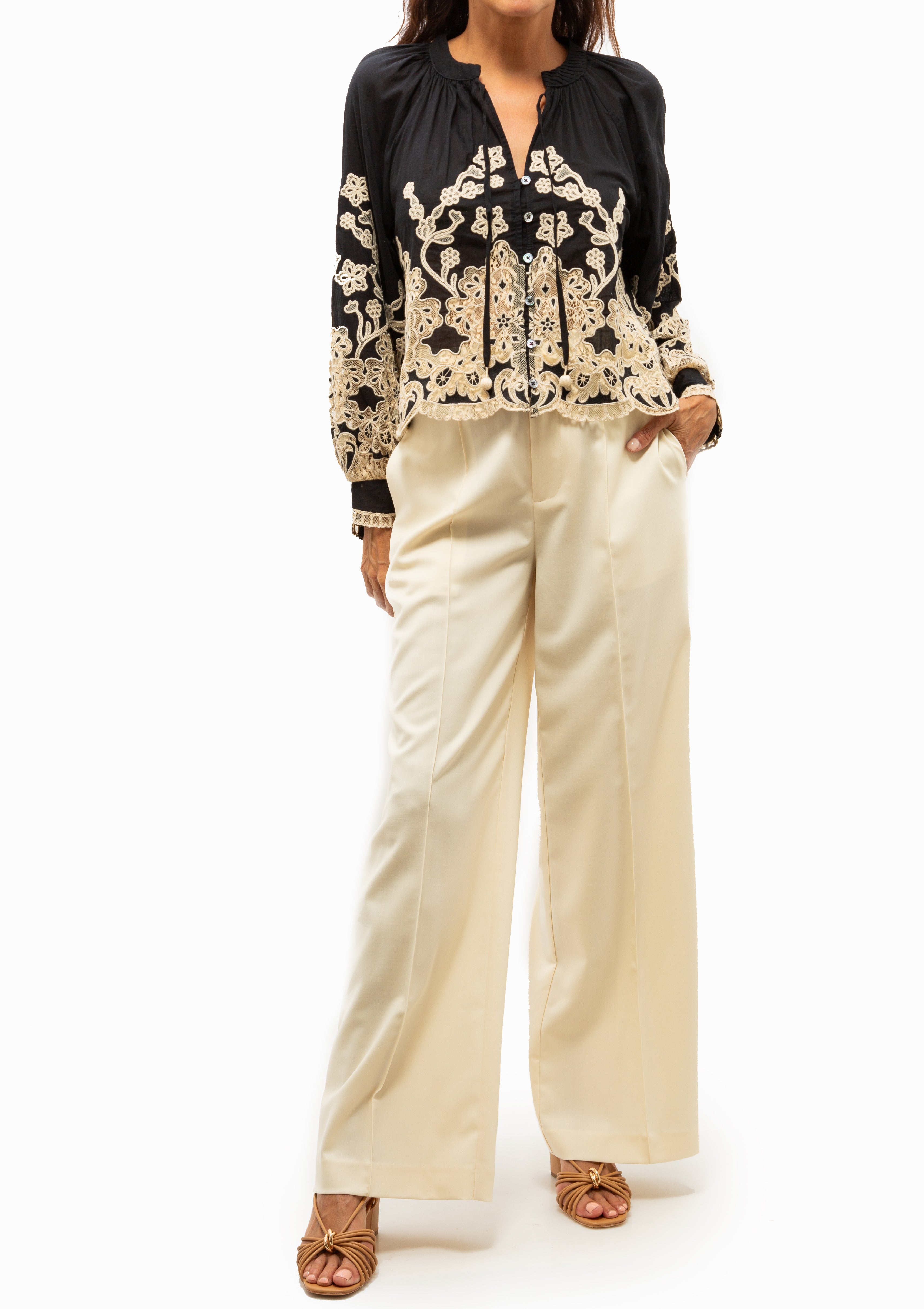 Gracelyn Lace Embroidered Long Sleeve Top | Black