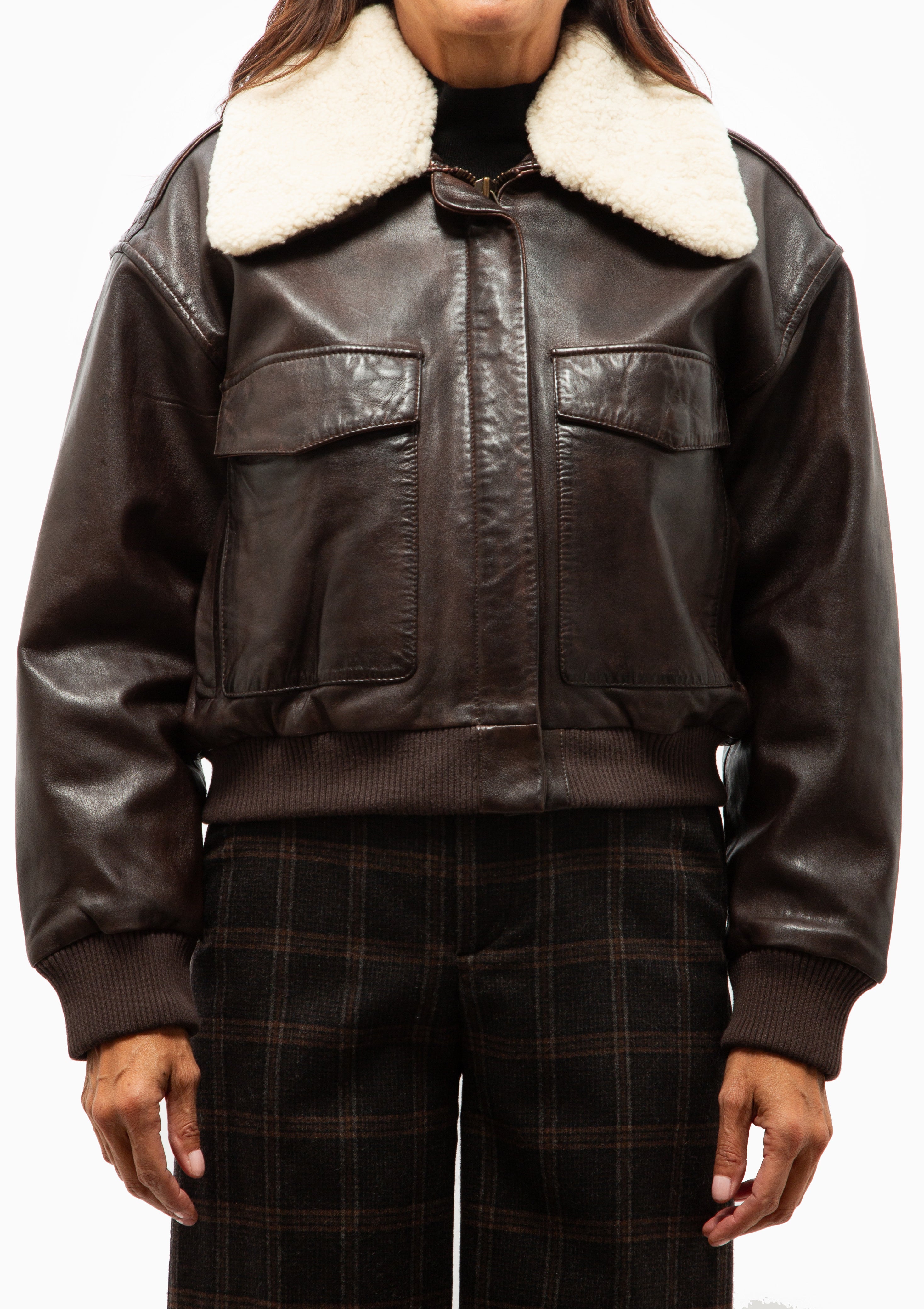 Lenoir Leather Cropped Bomber Jacket | Chocolate
