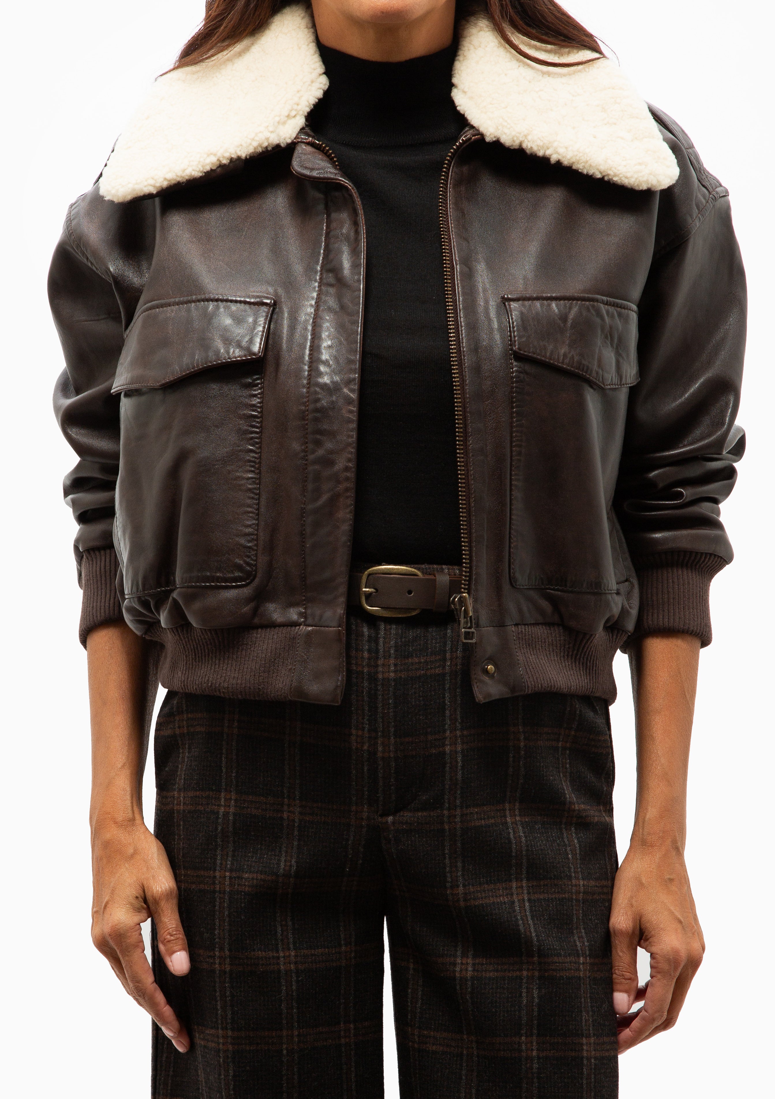 Lenoir Leather Cropped Bomber Jacket | Chocolate