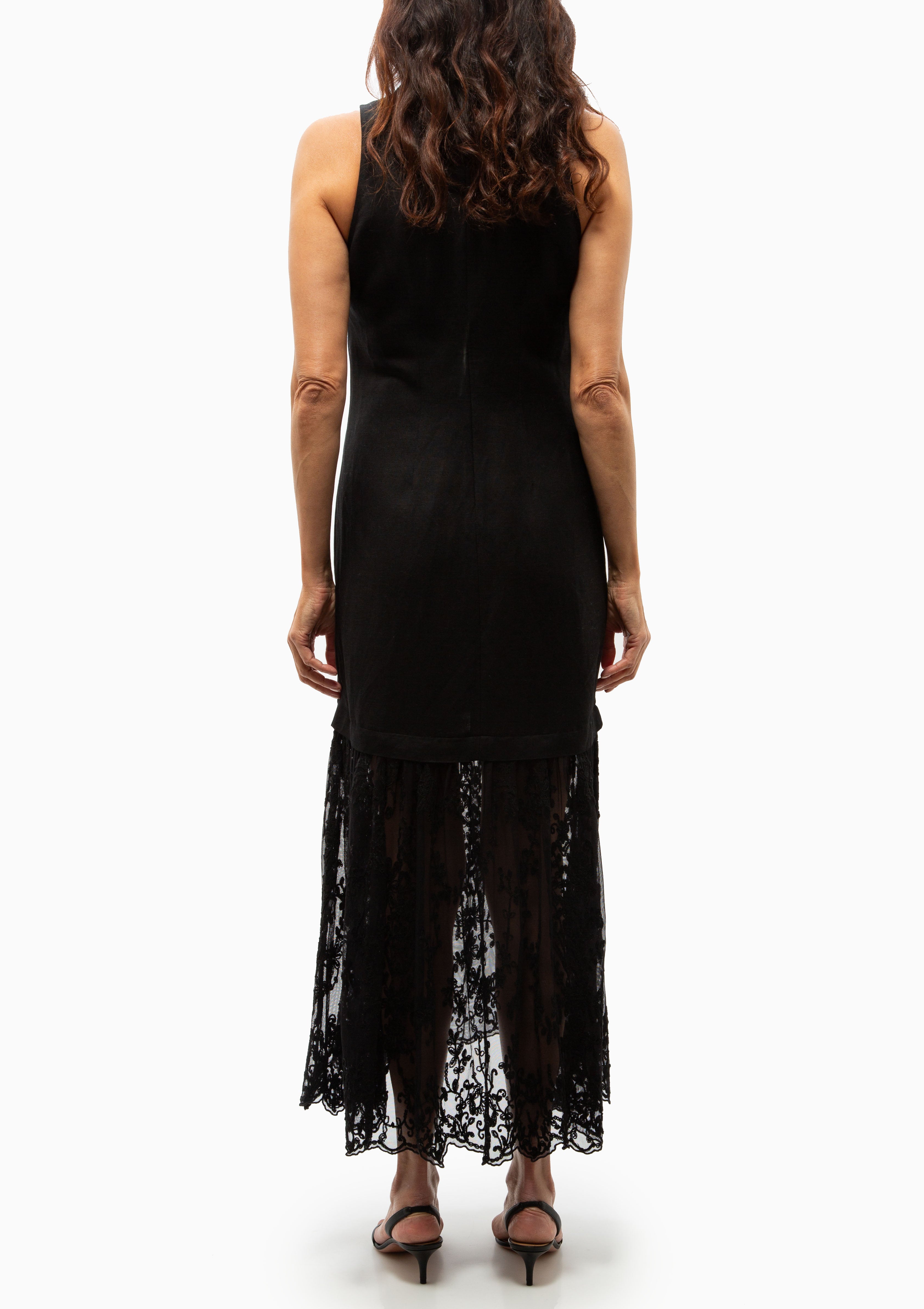 Marja Embroidery Mesh Combo Tank Dress | Black