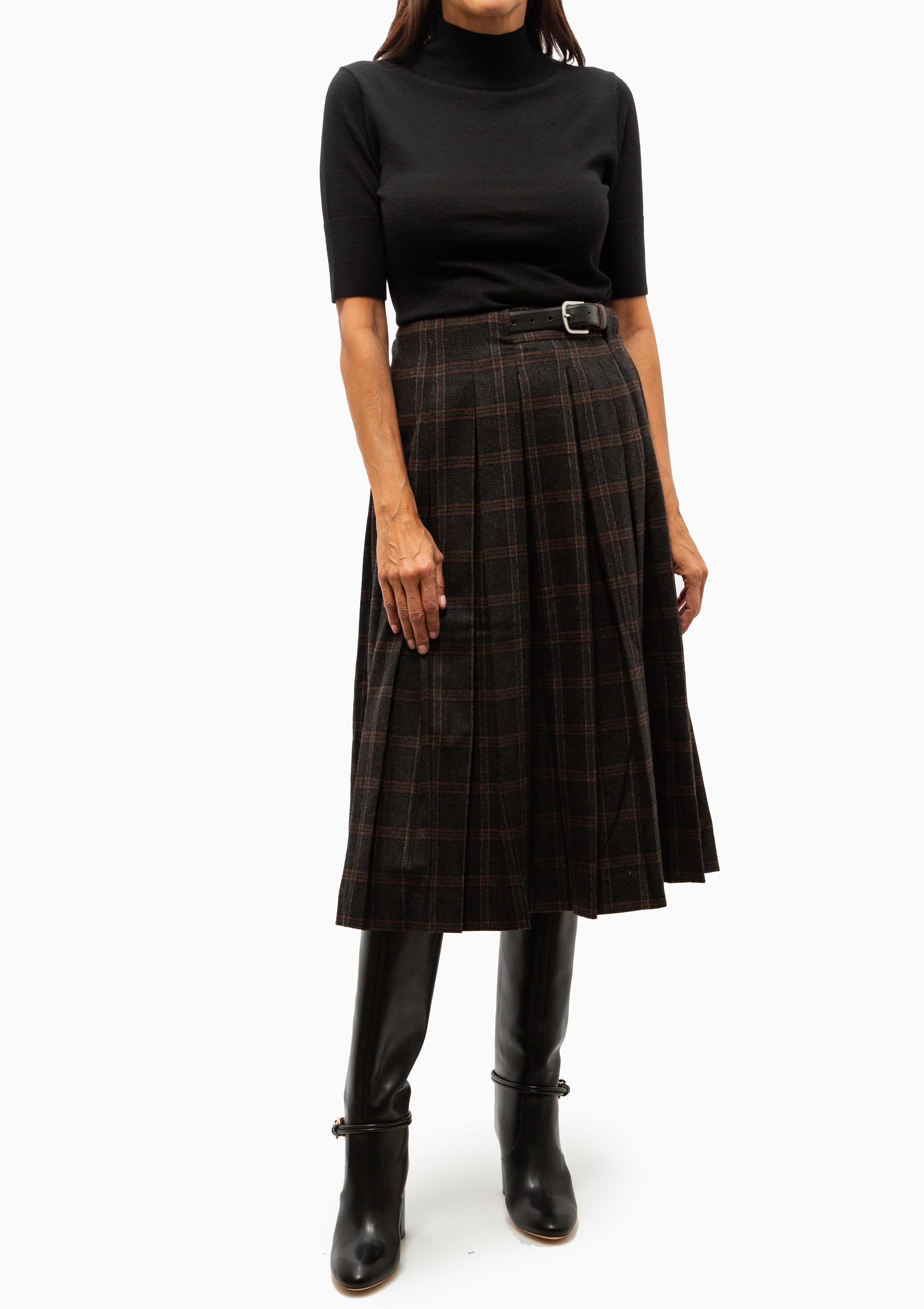 Monroe Wool Plaid Belted Pleat Skirt | Multi