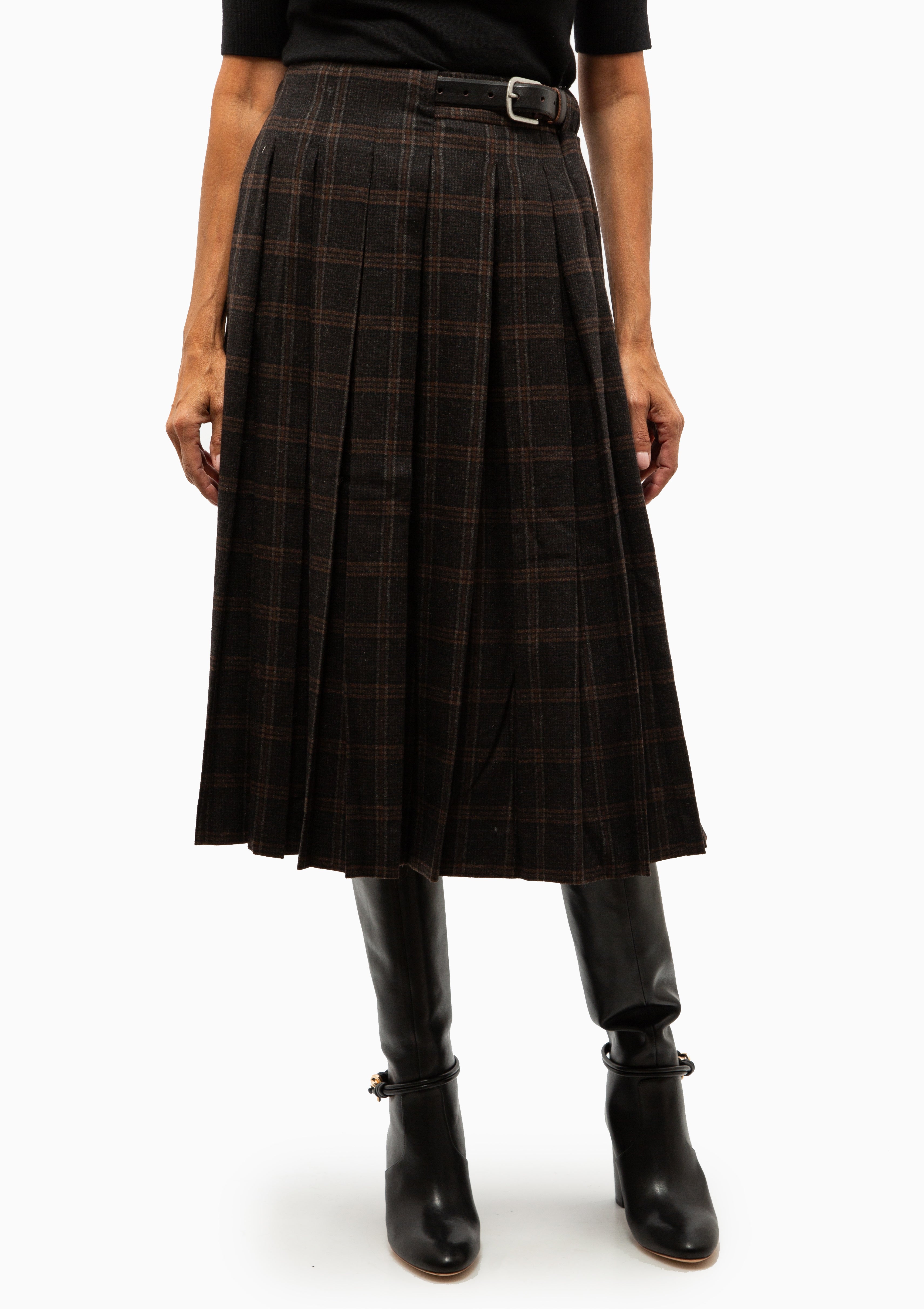 Monroe Wool Plaid Belted Pleat Skirt | Multi