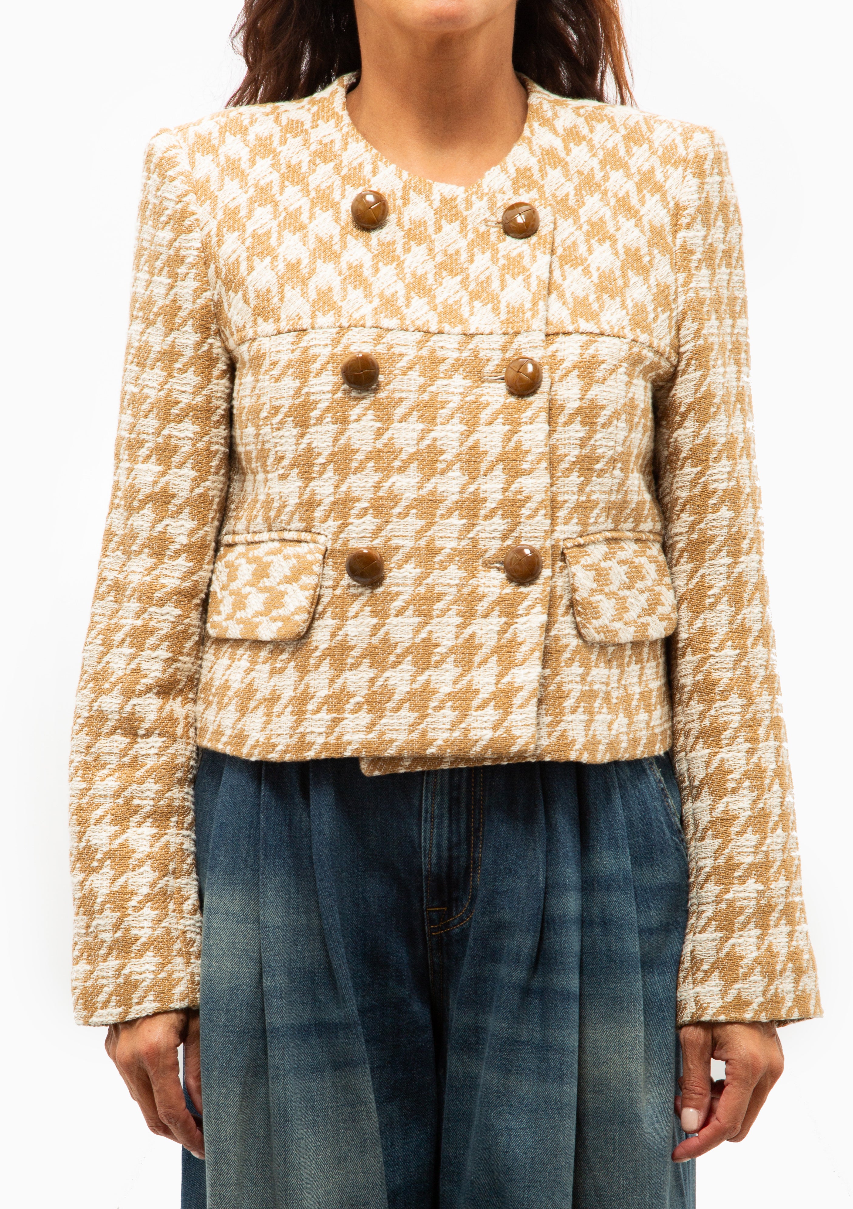 Collarless DB Mini Jacket | Camel Houndstooth