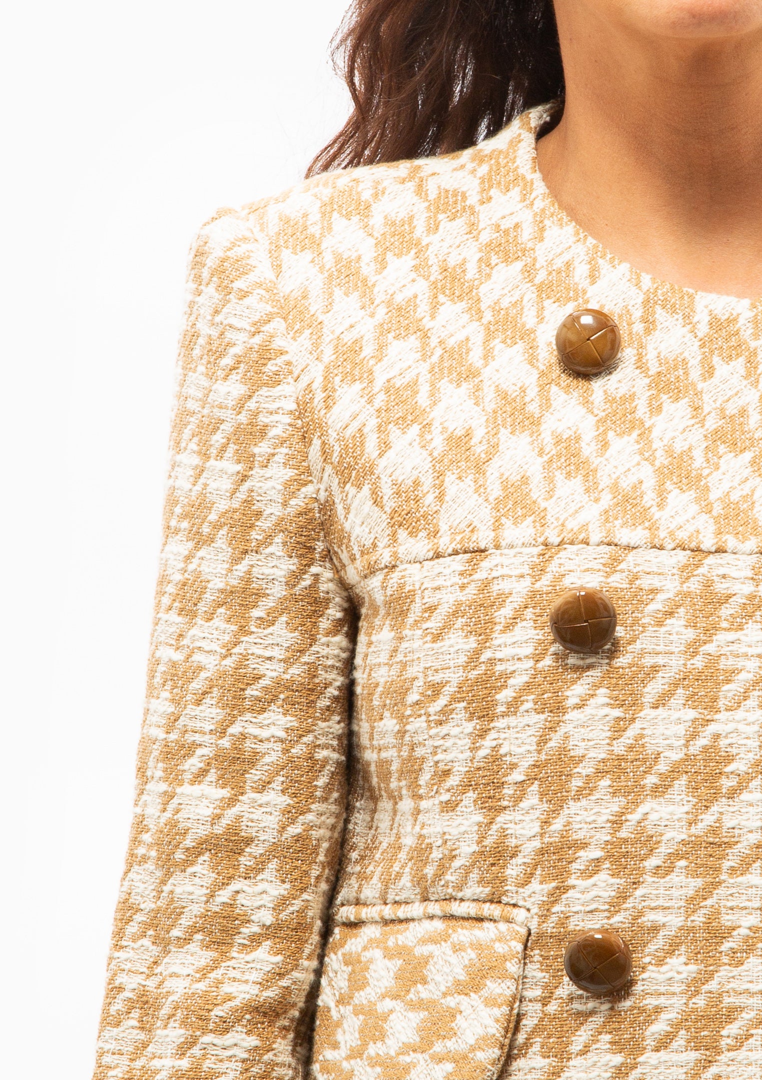 Collarless DB Mini Jacket | Camel Houndstooth