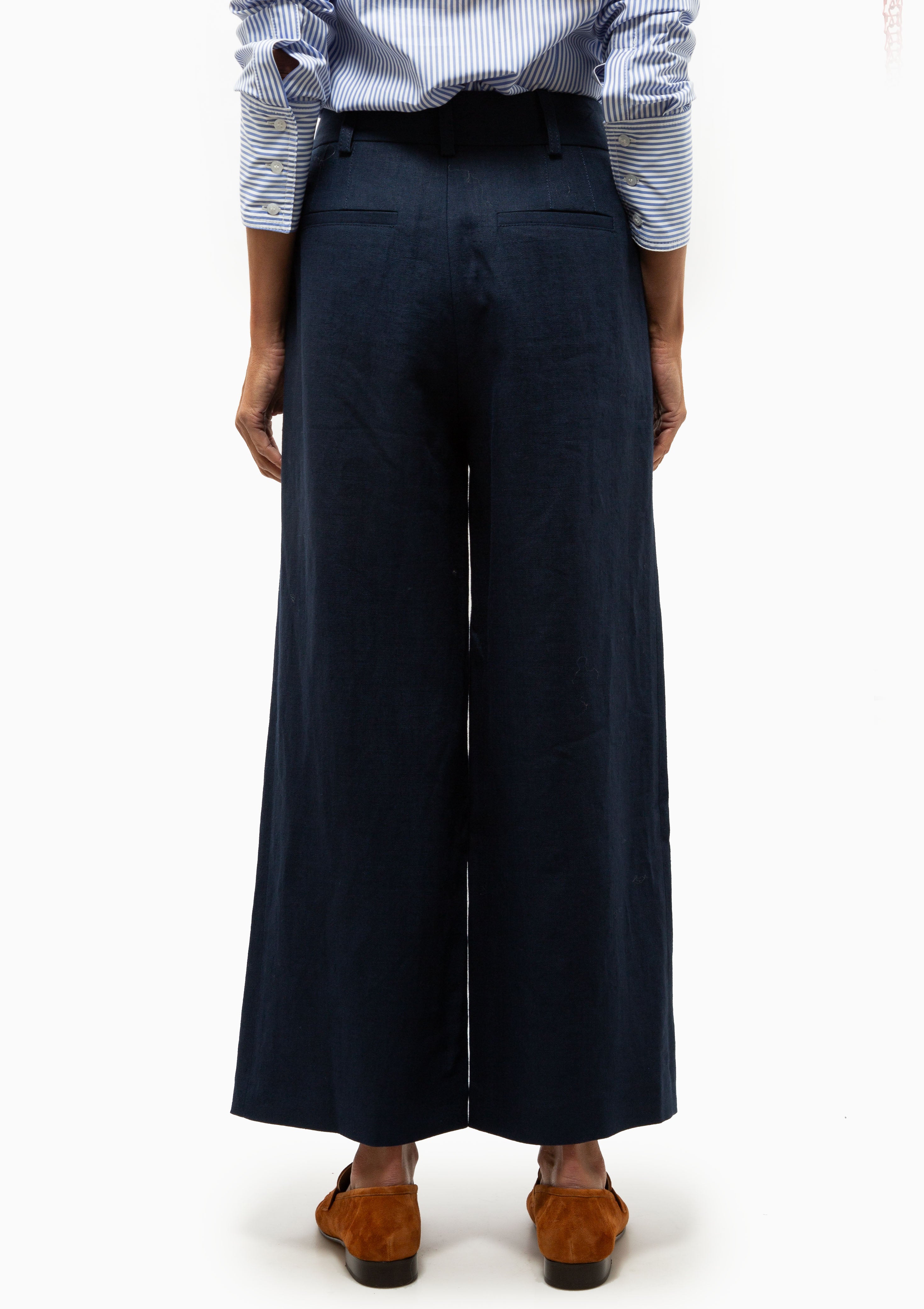 Linen Cropped Pleated Trouser | Navy Linen
