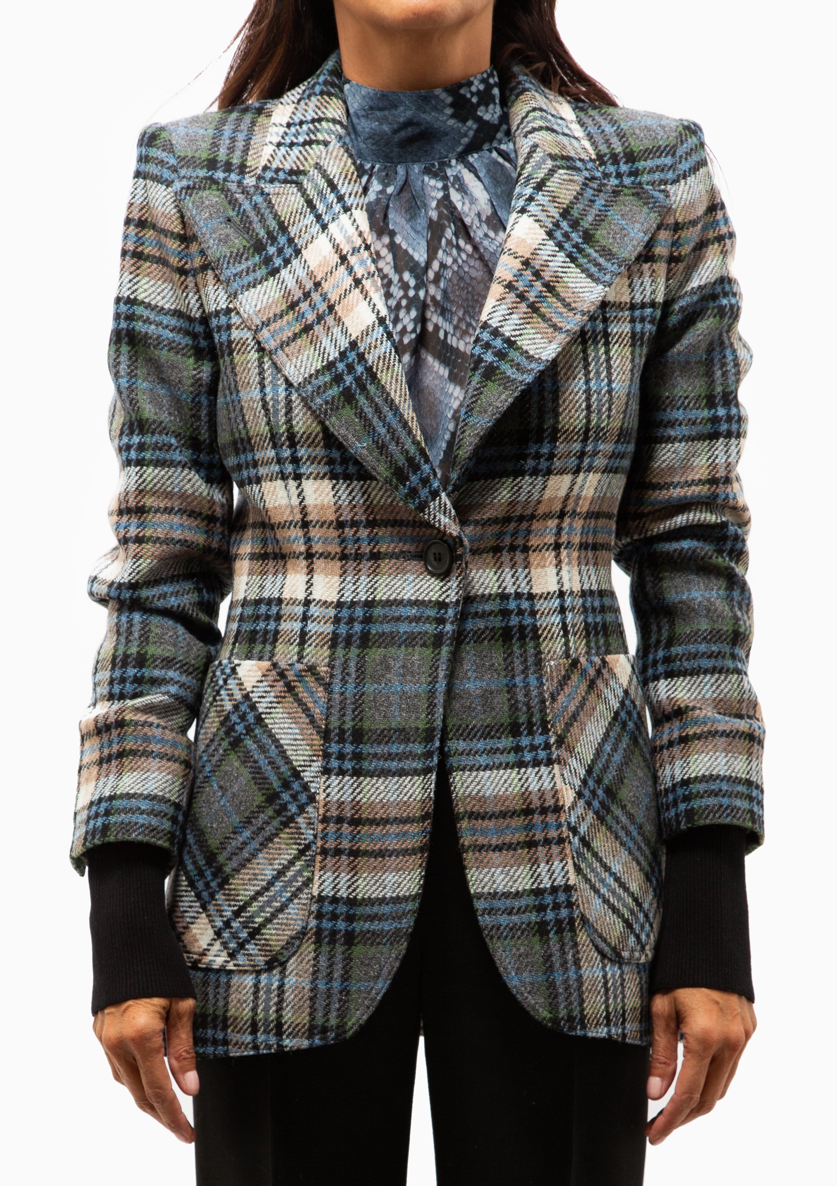 Rib Cuff Birkin Blazer | Multi Plaid With Black
