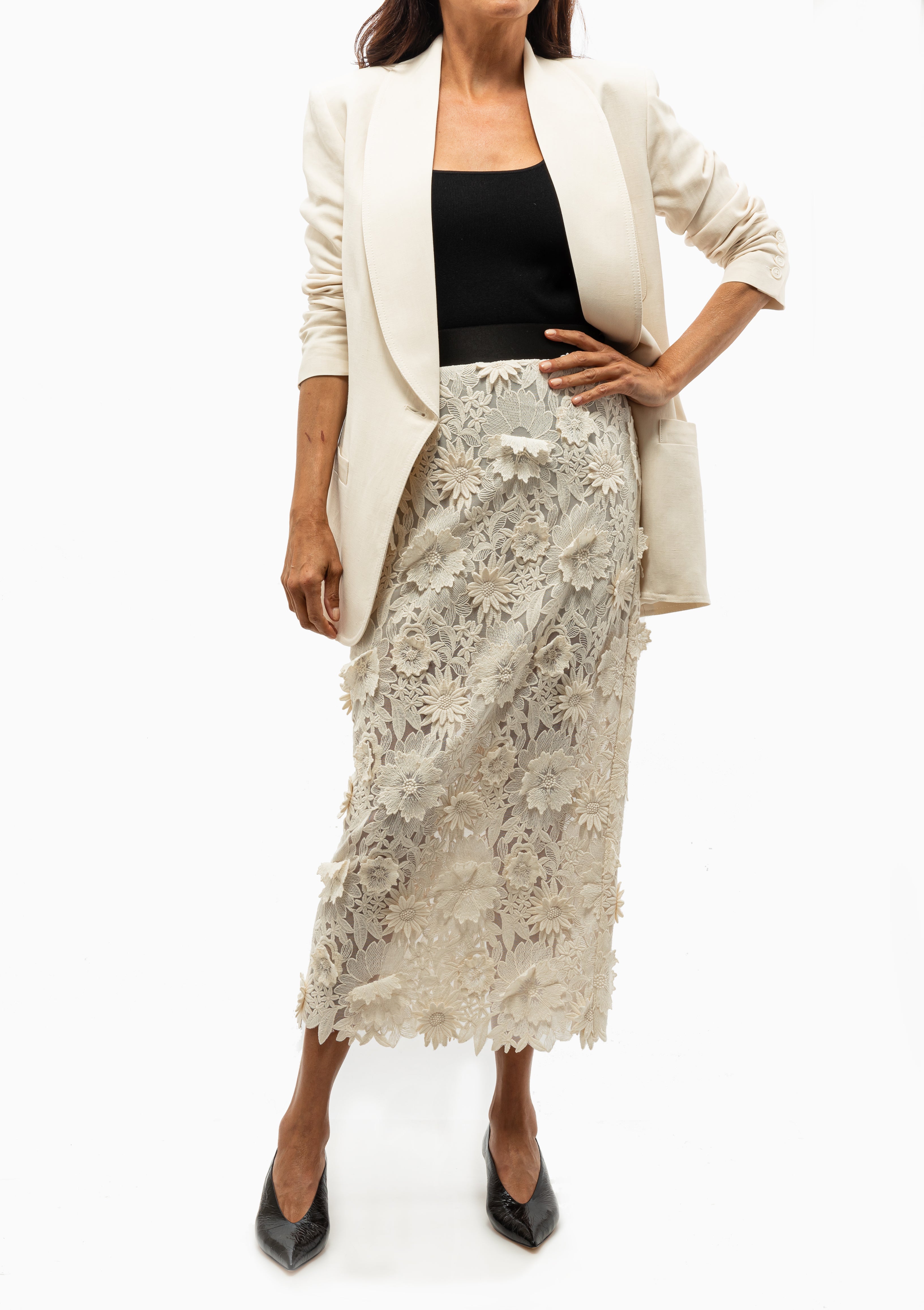 Shop Smythe Bone Color Shawl Collar Blazer and Smythe Applique Pencil Skirt for Effortless Chic at Diani Boutique