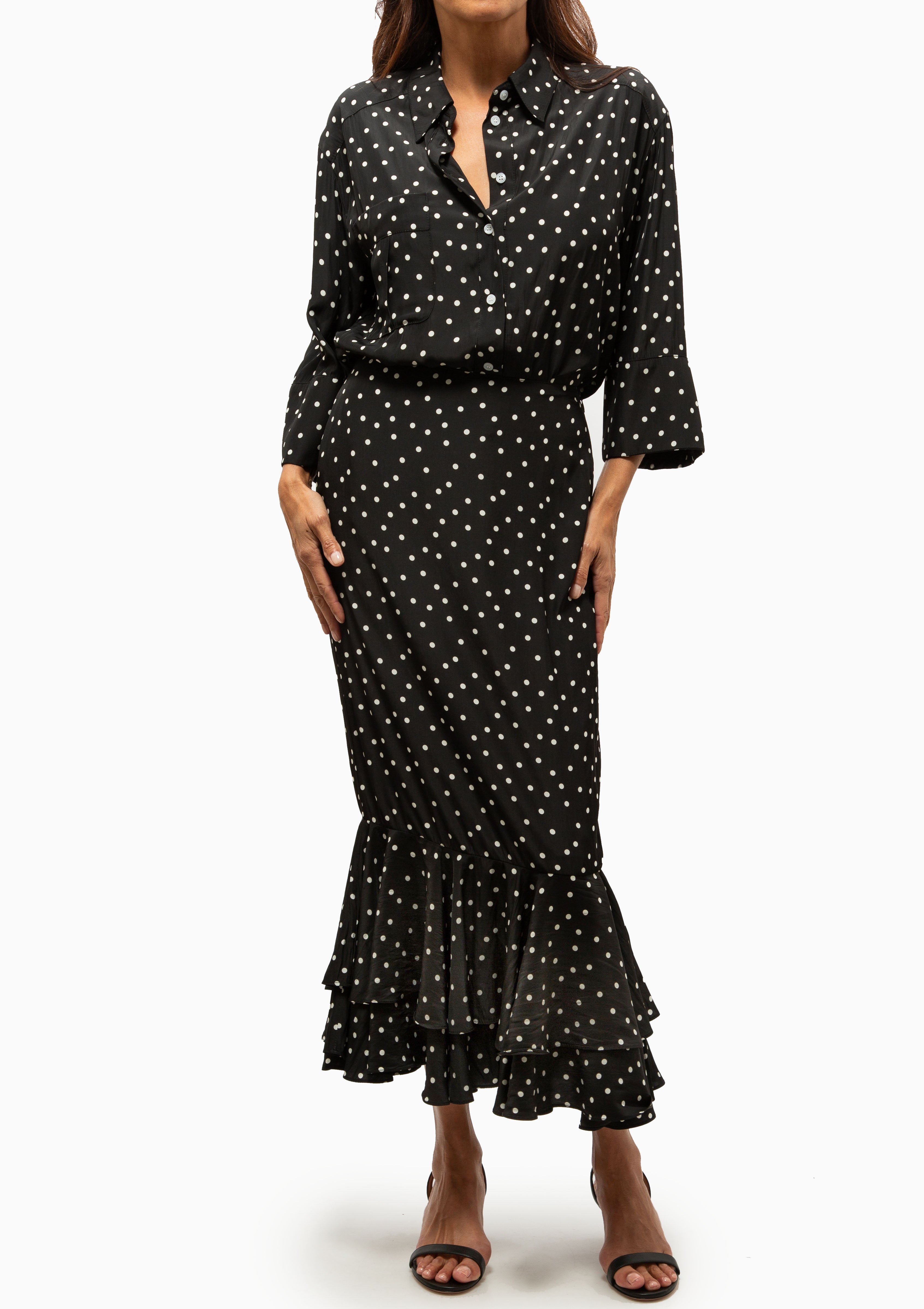 Tiered Midi Skirt | Black Polka Dot