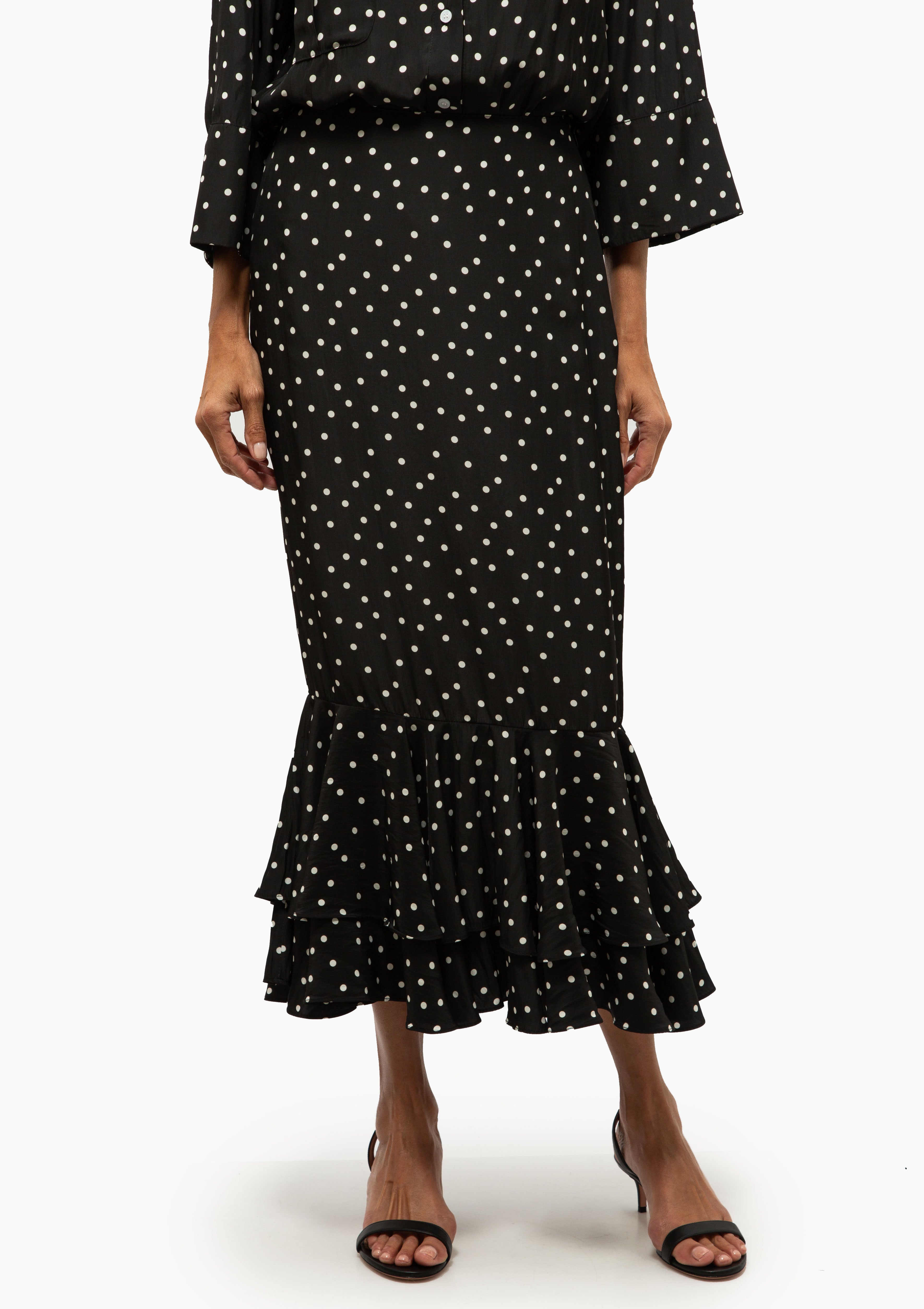 Tiered Midi Skirt | Black Polka Dot