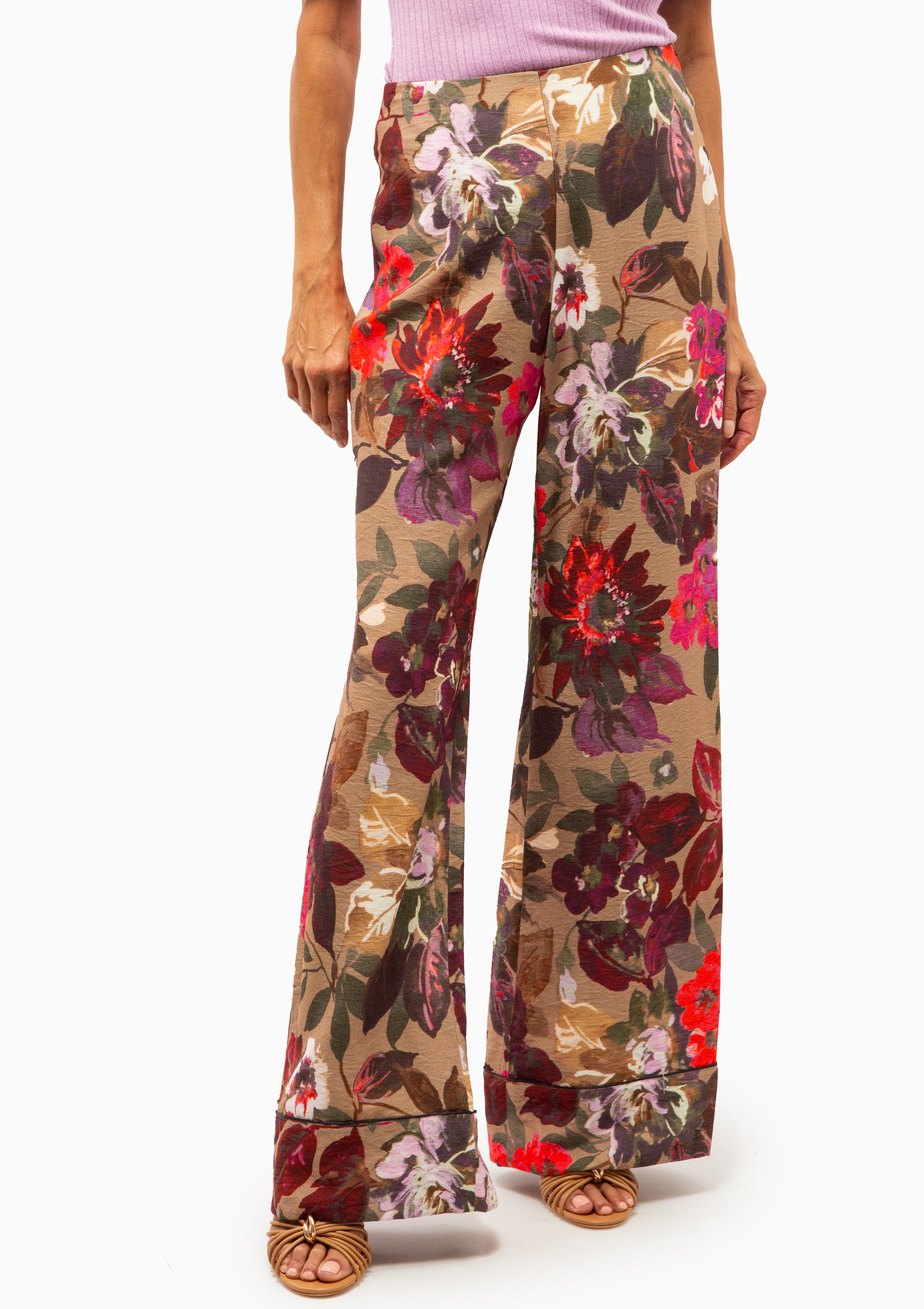 Piped Side-Zip Palazzo Pant | Tan Floral