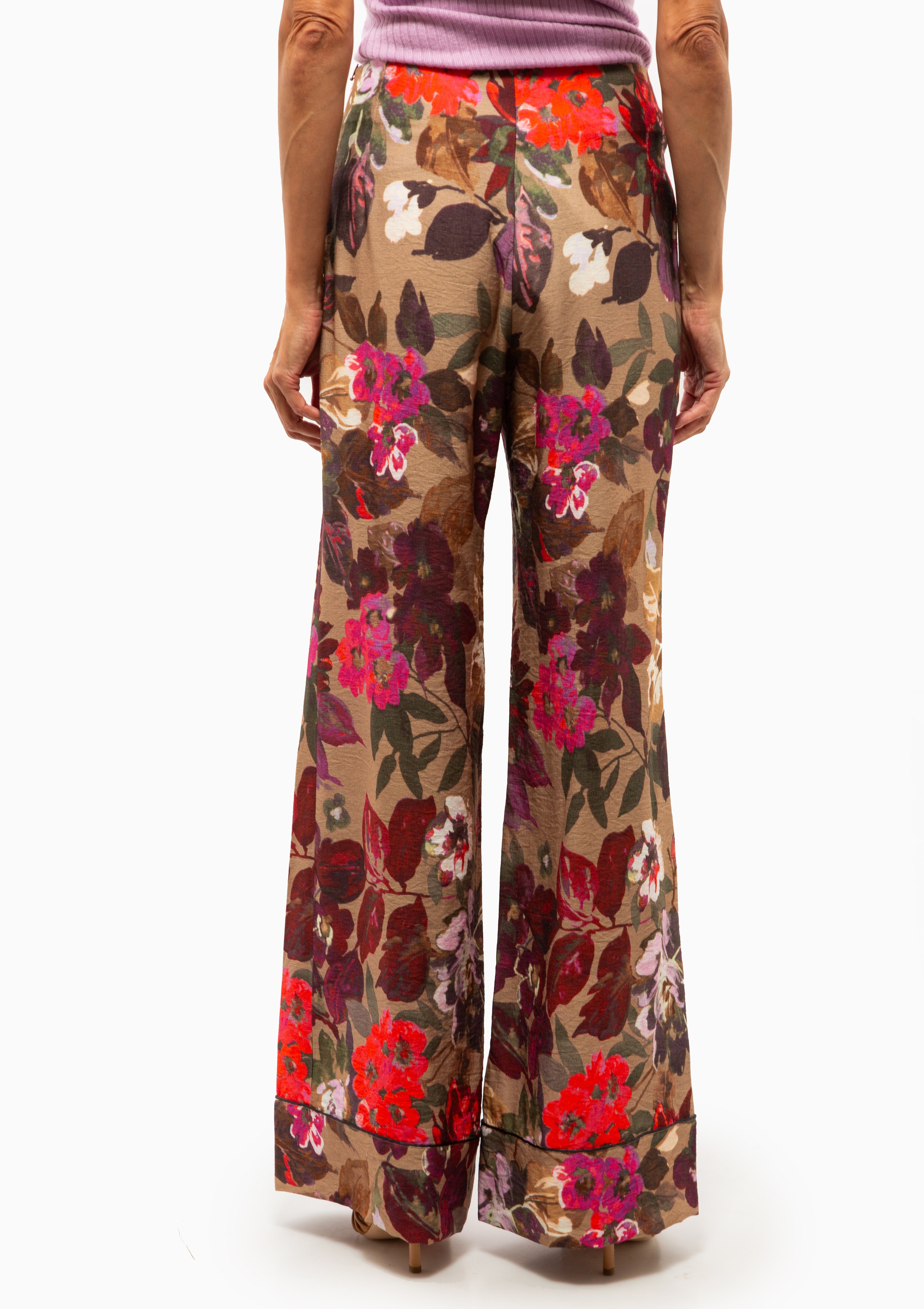 Piped Side-Zip Palazzo Pant | Tan Floral