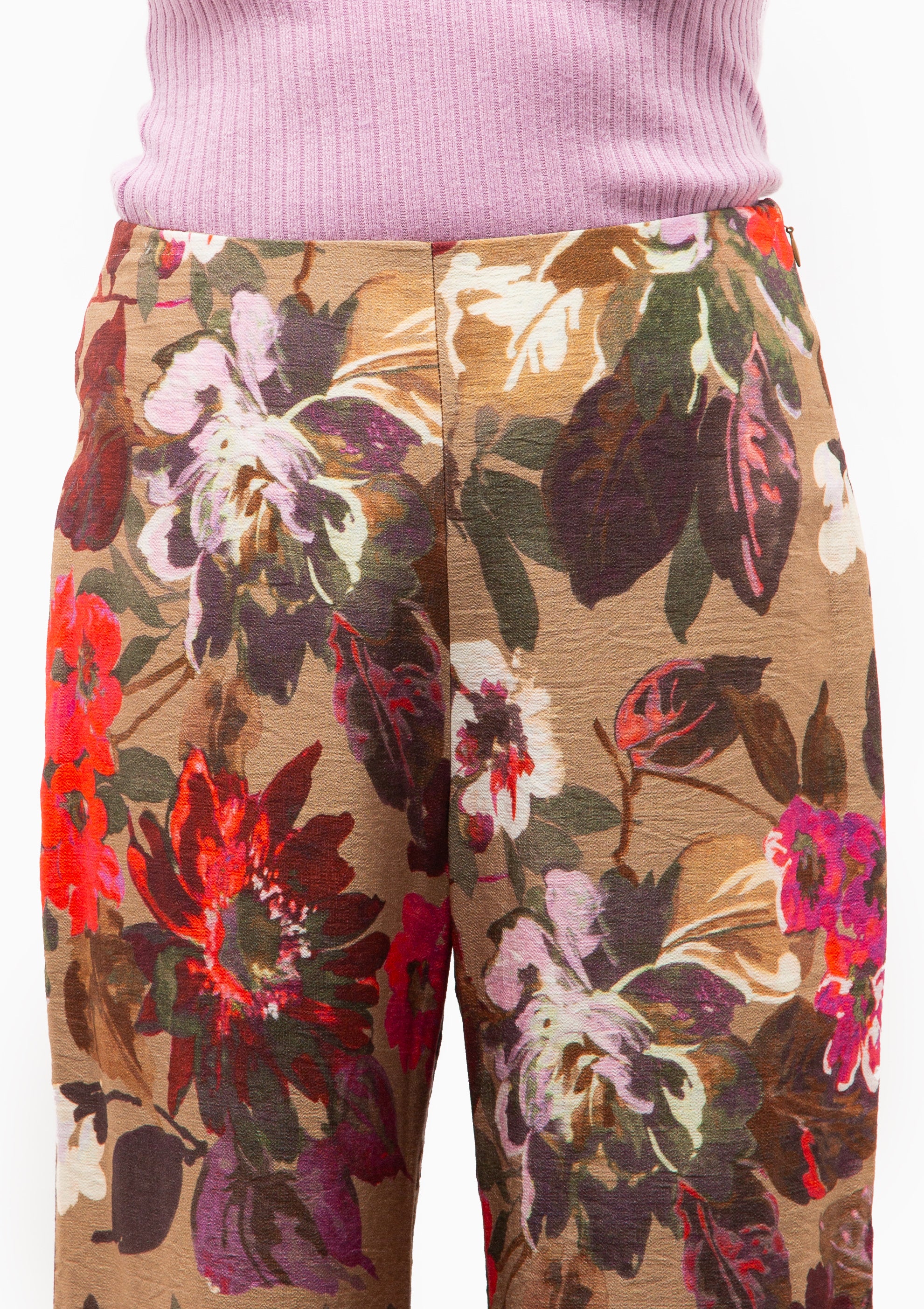 Piped Side-Zip Palazzo Pant | Tan Floral
