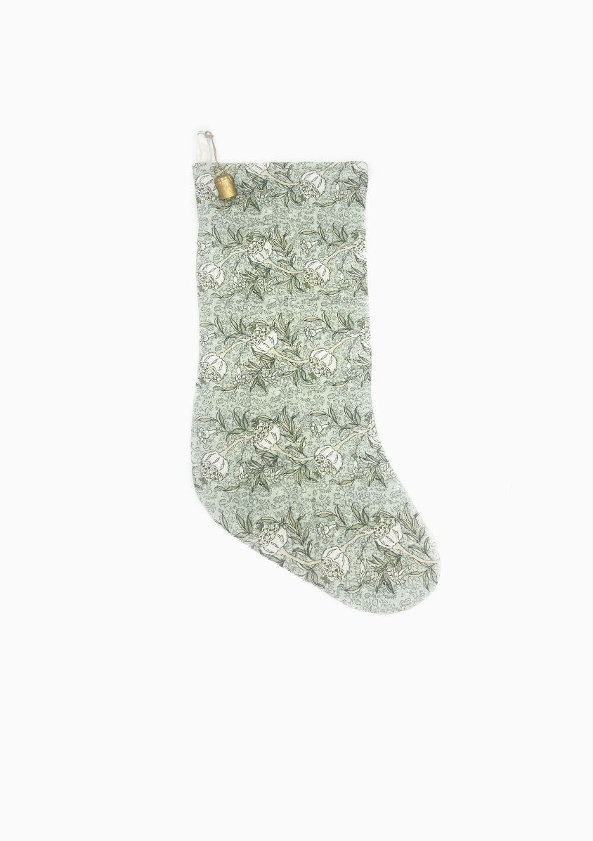 Block Print Stocking With Bell | Green Floral