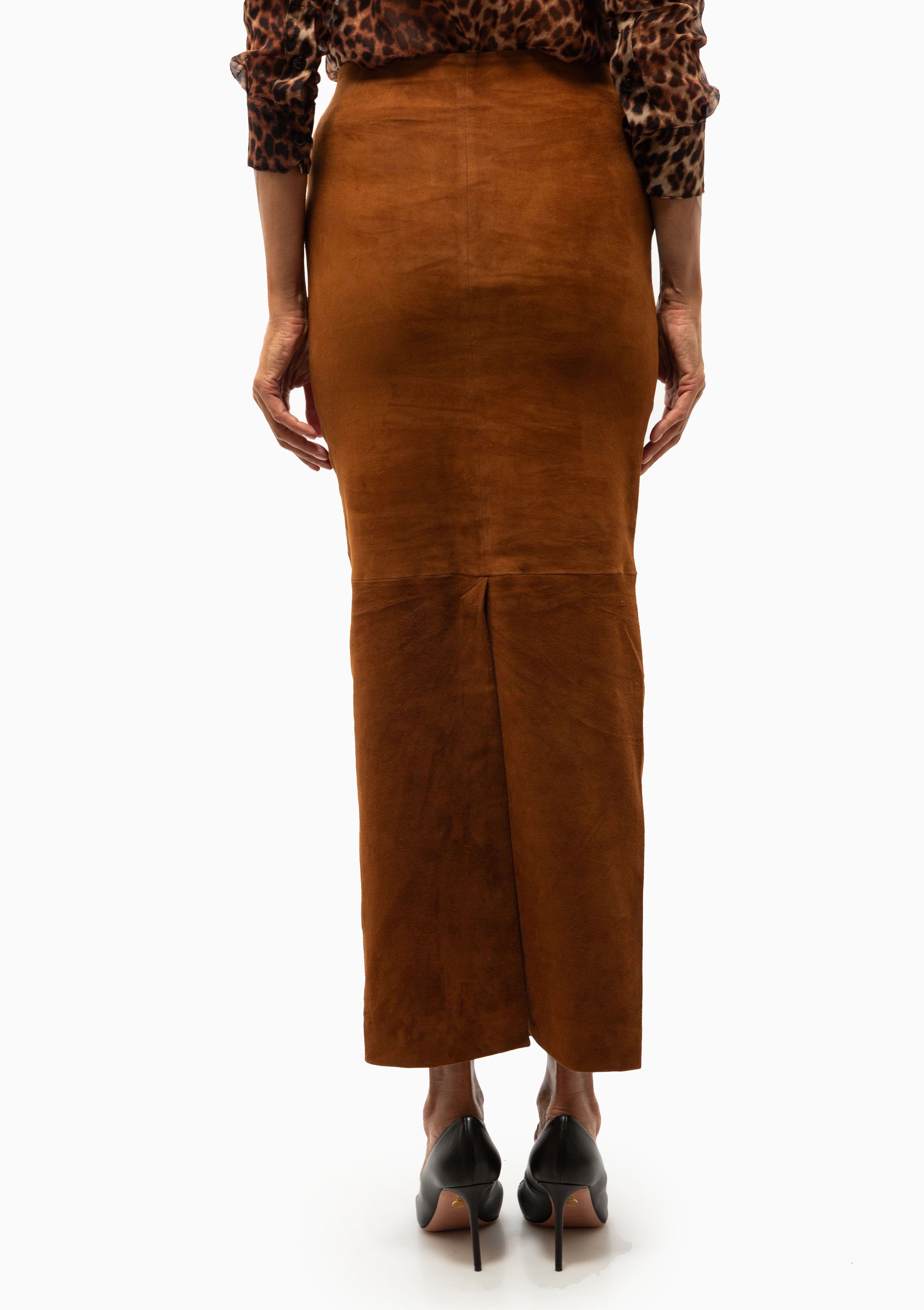 Suede Maxi Tube Skirt | Dark Cognac