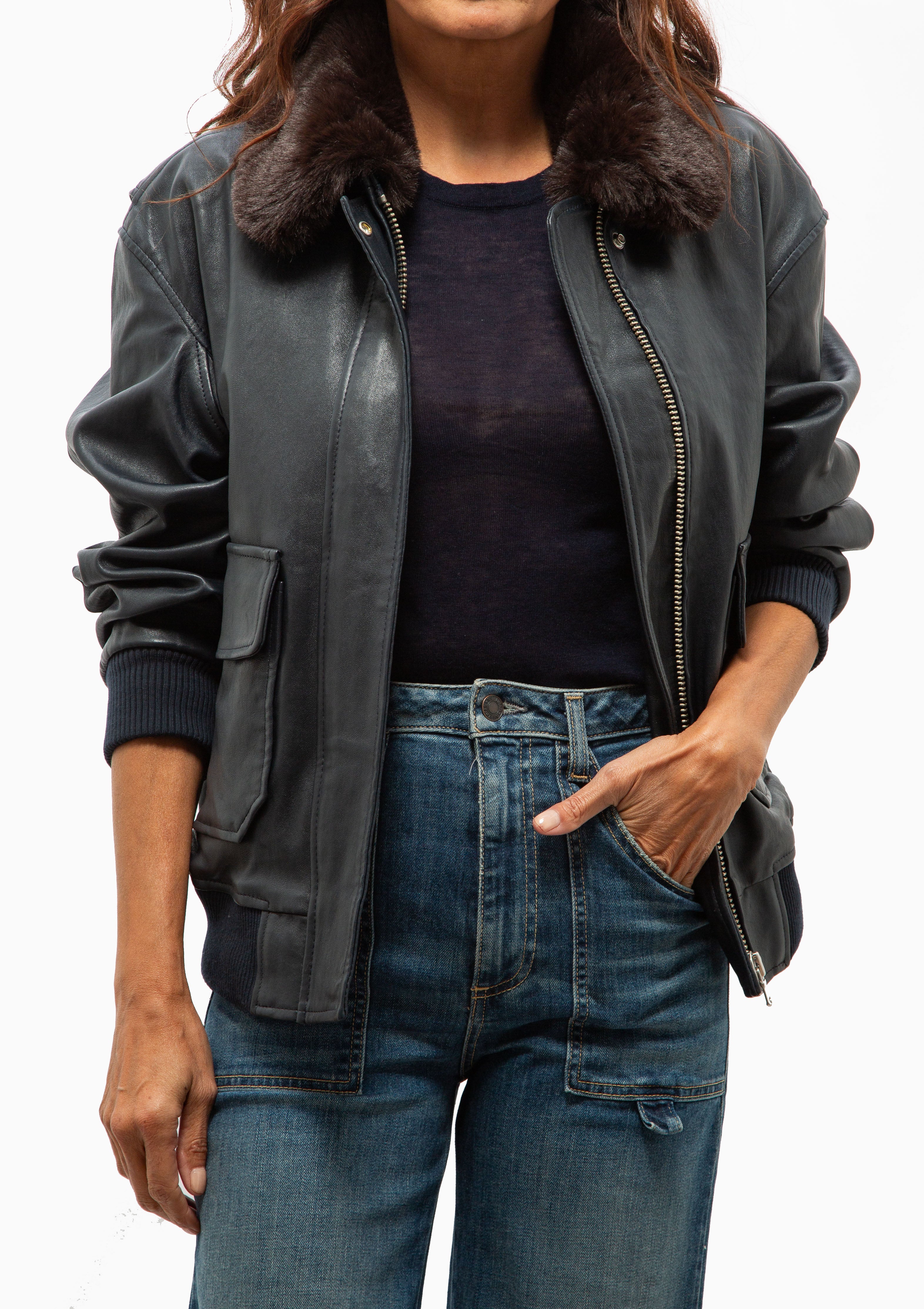 Vintage Aviator With Fur Collar | Midnight