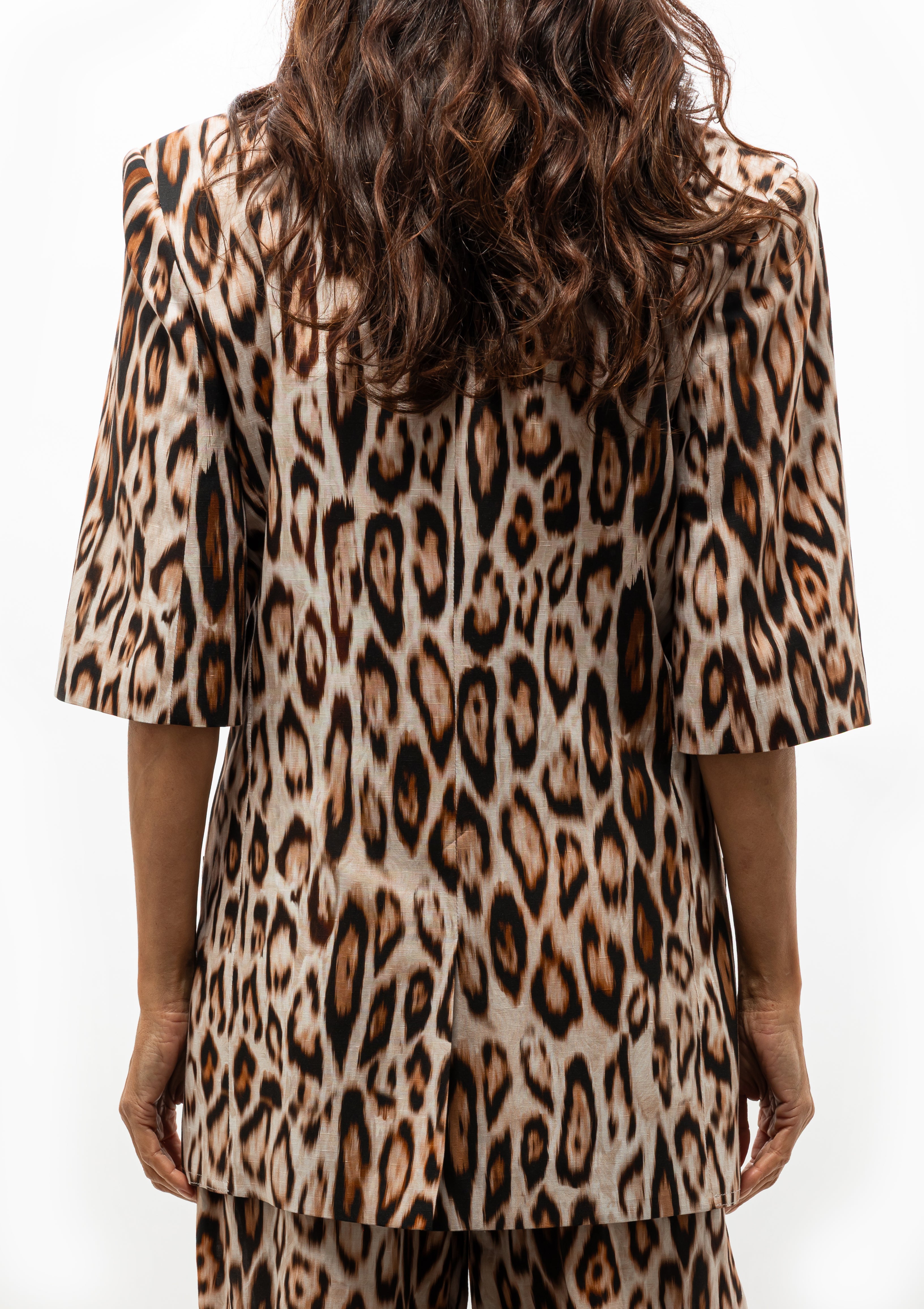 Smythe Leopard Ikat oversized blazer with short sleeves, ideal for warm-weather layering — now at Diani Boutique.