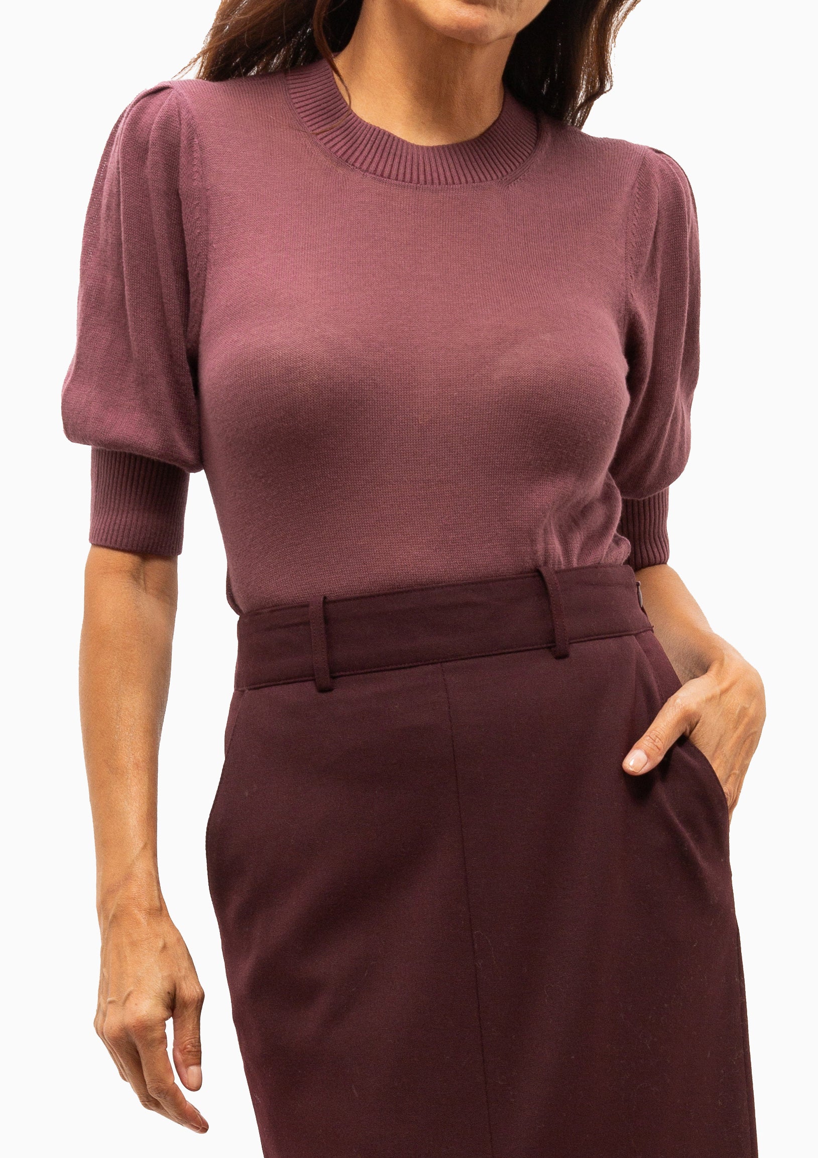 Smythe | Cropped Pouf Sleeve Sweater | Dusty Plum