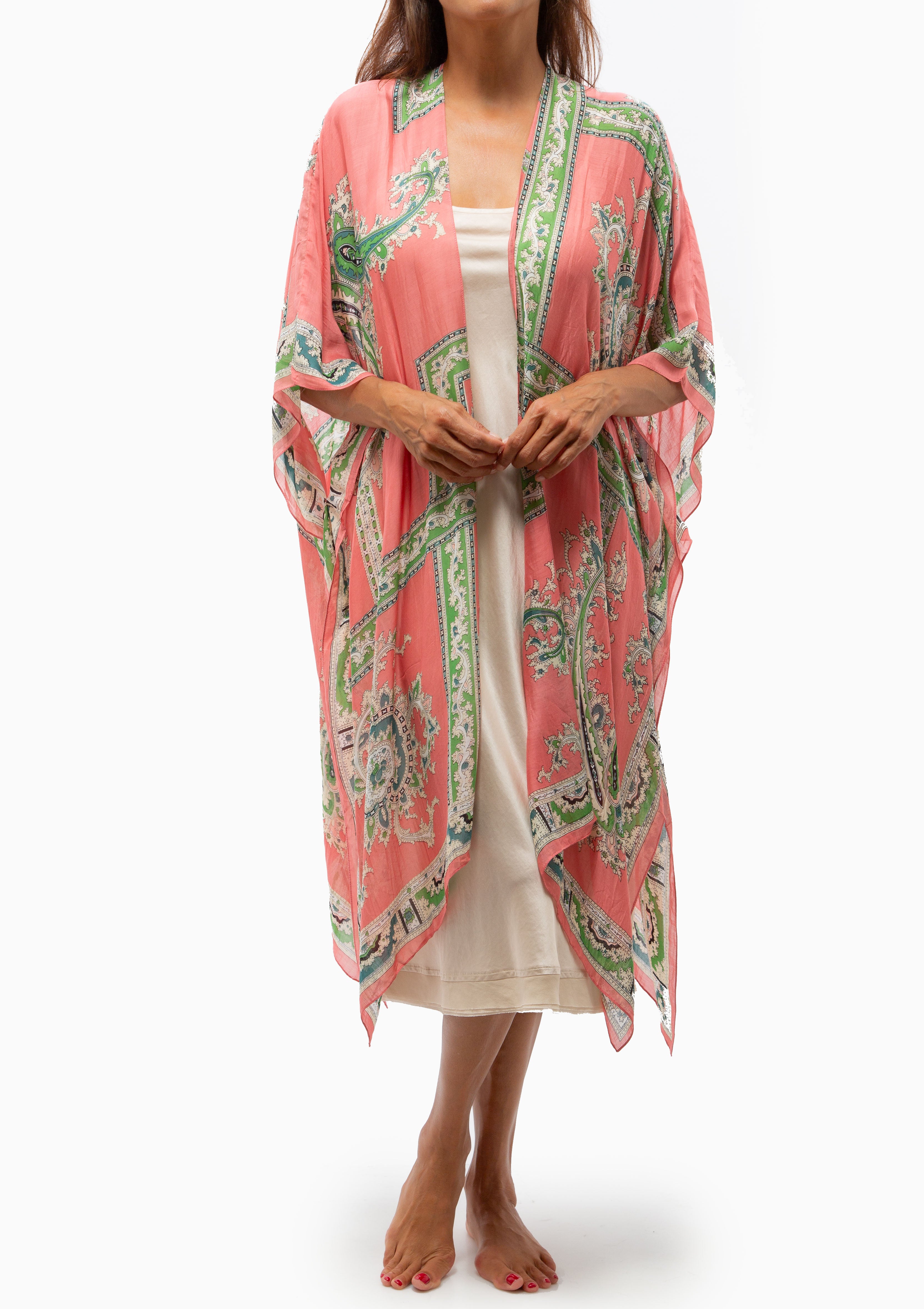 Handkerchief Print Long Kimono | Coral