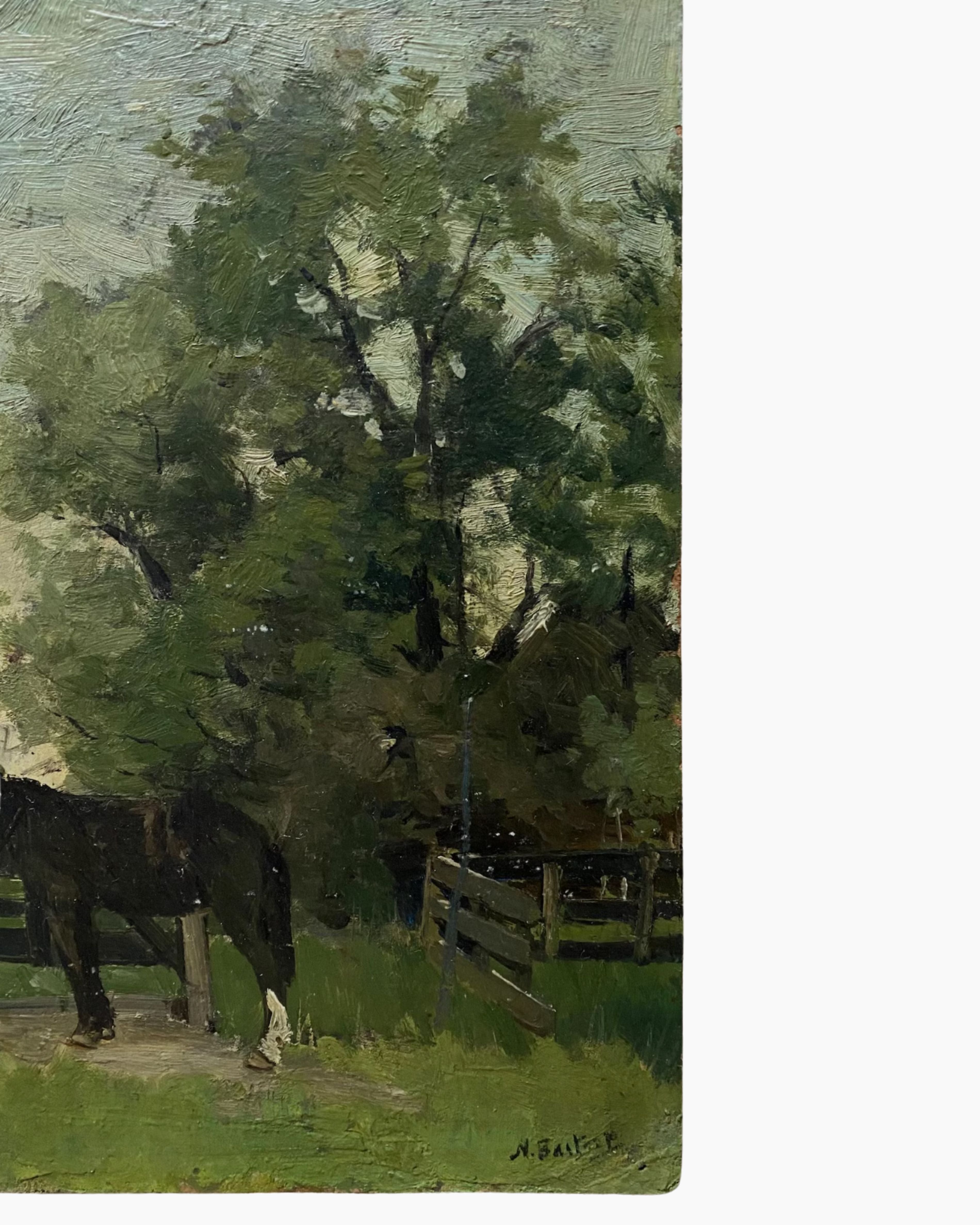 Original Antique Dutch Black Horse Oil Painting