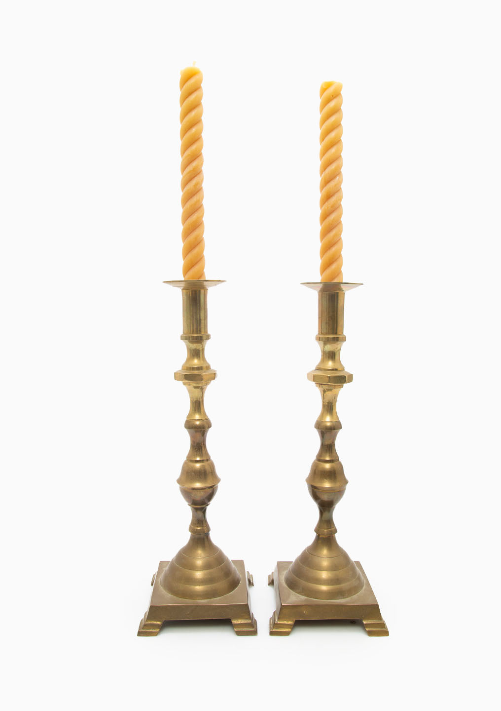 Vintage Brass Beehive Candlesticks Pair, 14"