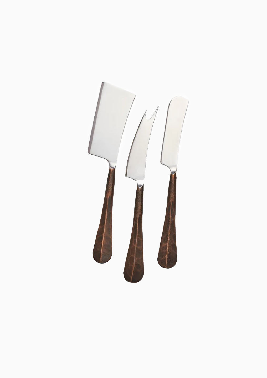 The DIANI Woodbury Cheese Knife Set featuring three knives with sleek copper handles, elegantly arranged—perfect for elevating your charcuterie board.