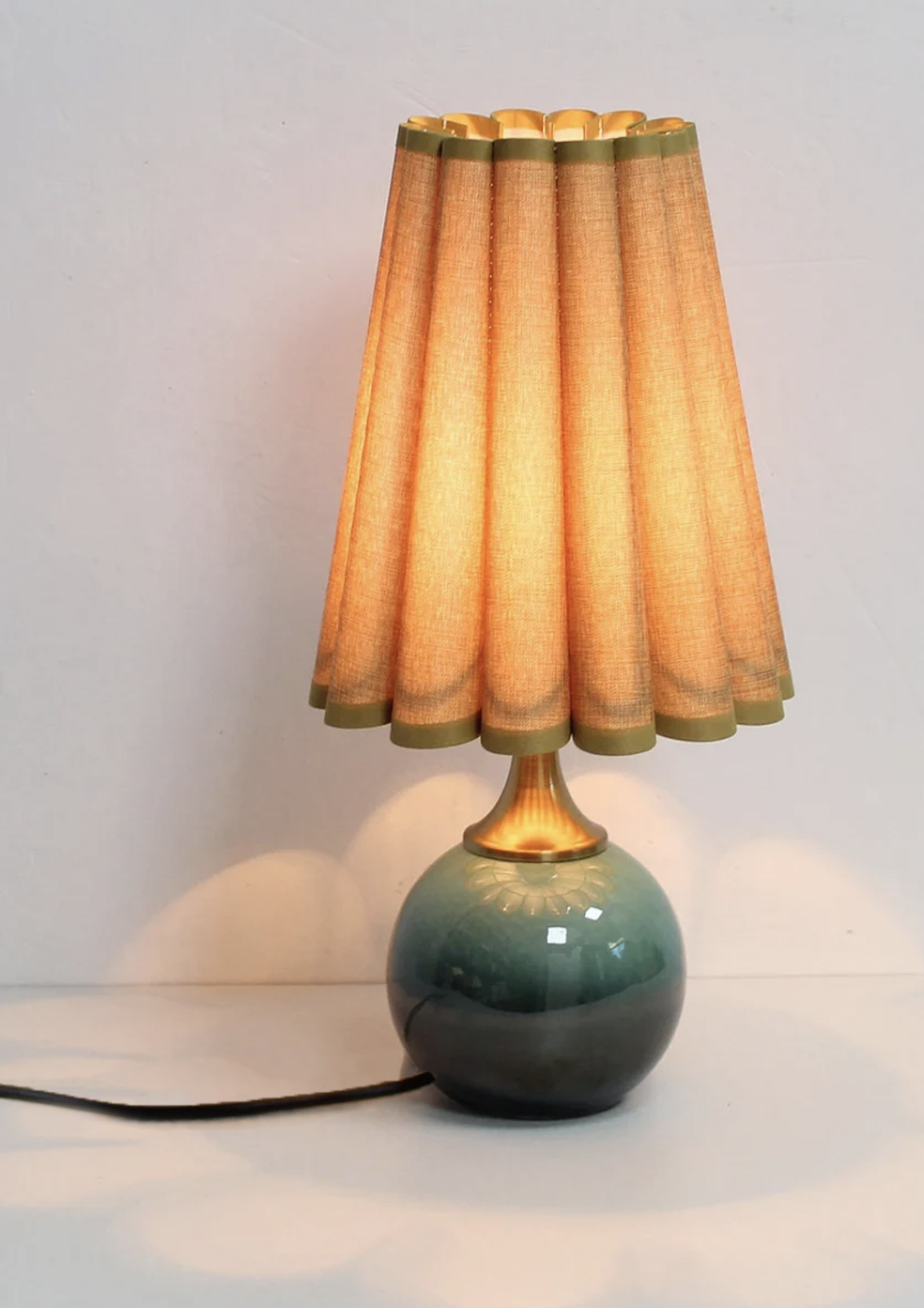 Handmade Duzy Lampshade With Trim & Ceramic Base | Khaki/Dark Green