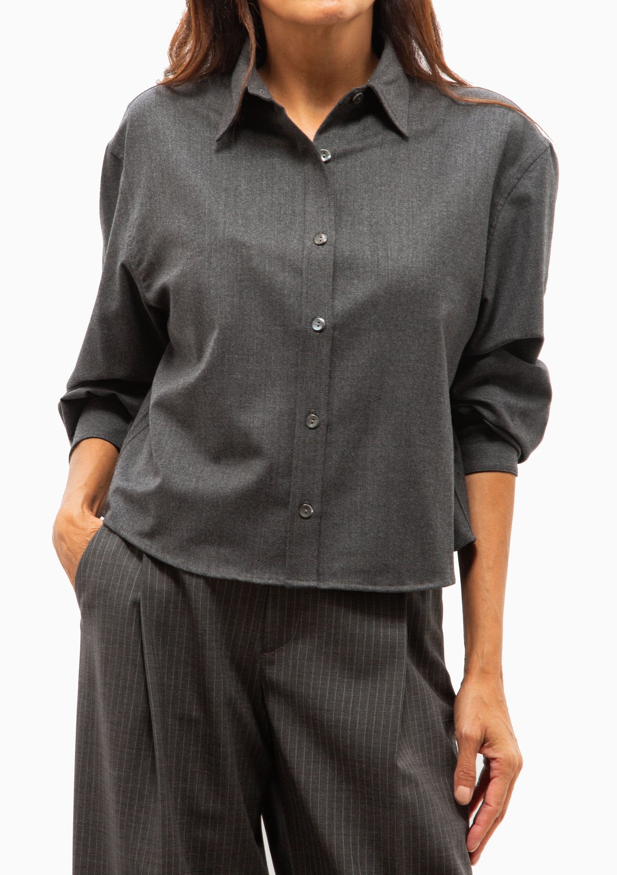 Button Sleeve Crop Shirt | Charcoal