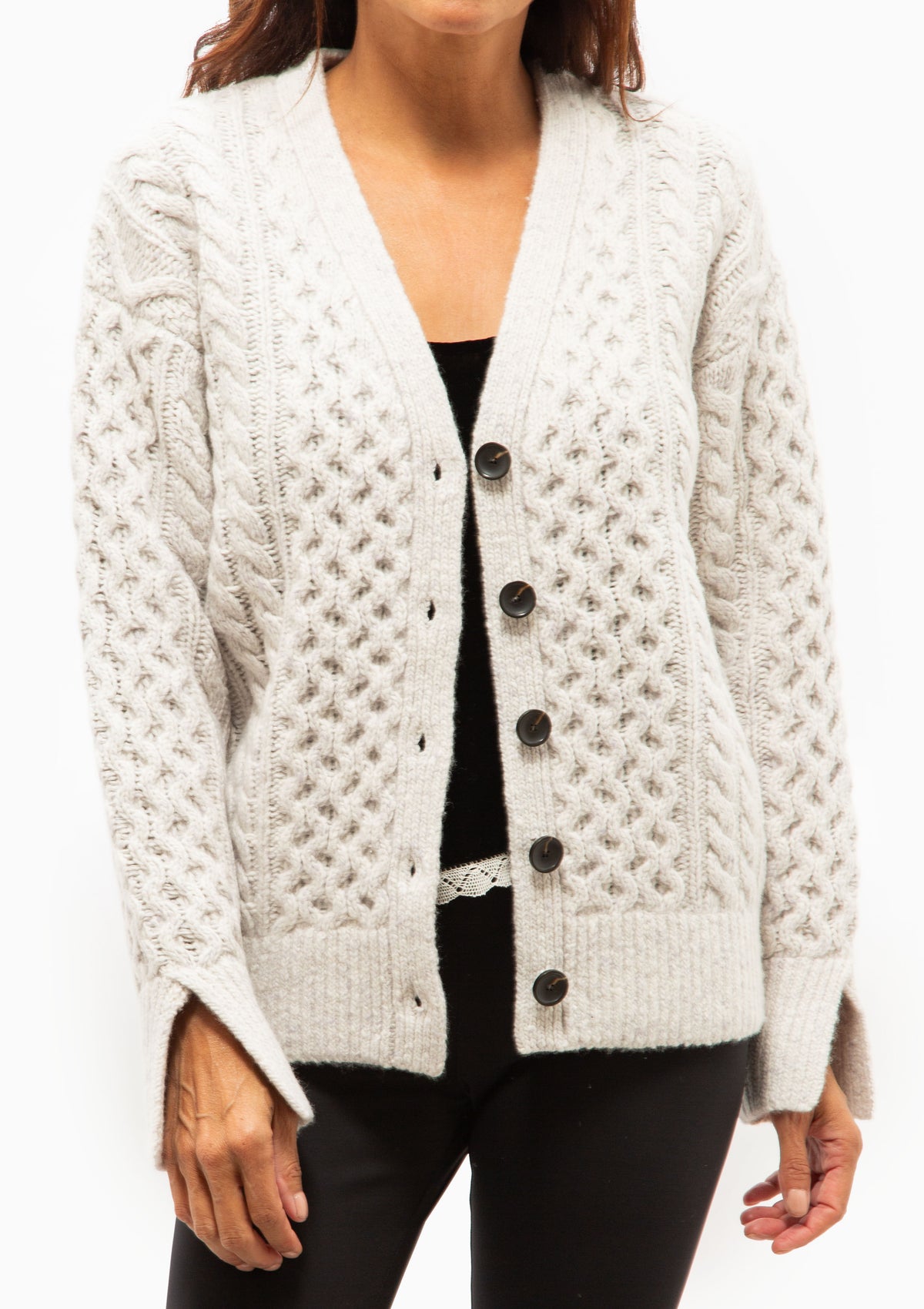 Tear Drop Aran Cardigan | Pearl