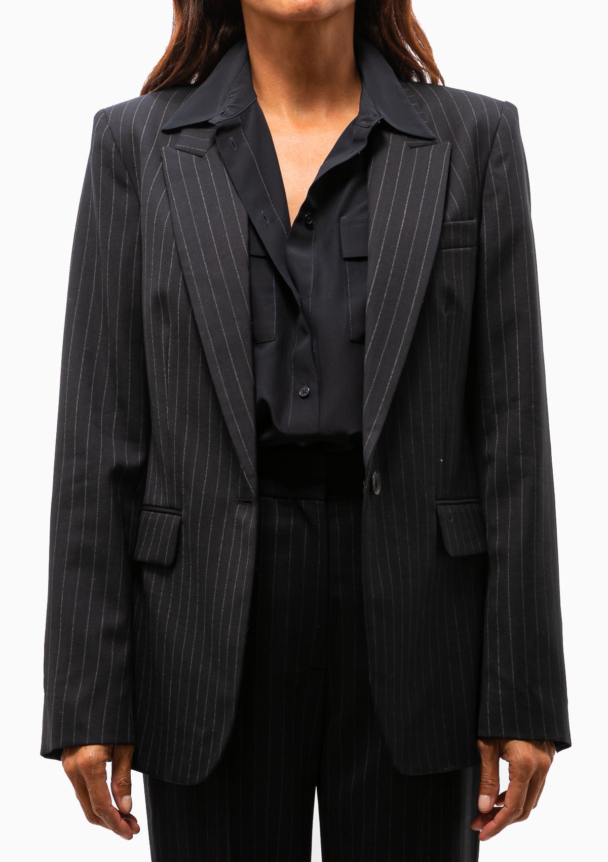 Adele Single Breasted Tailored Jacket | Navy Pin Stripe